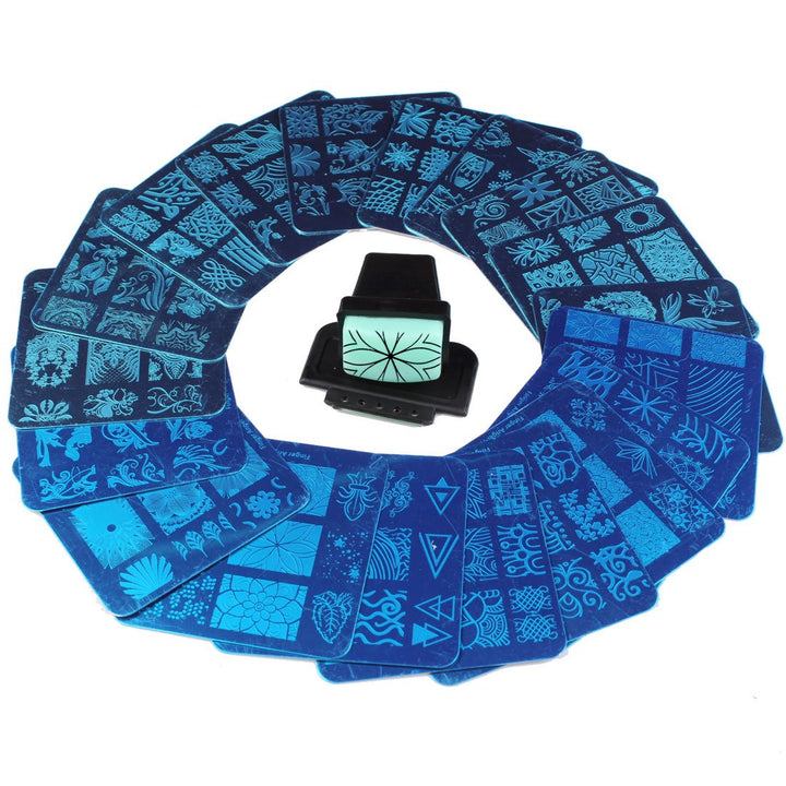 Finger Angel 20 Pcs Different Design Nail Art Stamping Plates + 1 Pcs Square Green Rubber Stamper DIY Nail Art Image Stamp Plates Manicure Template Nail Art Tools