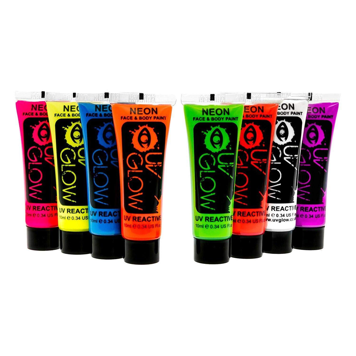 Uv Glow Blacklight Face and Body Paint 0.34oz - Set of 8 Tubes - Neon Fluorescent (All Colours)