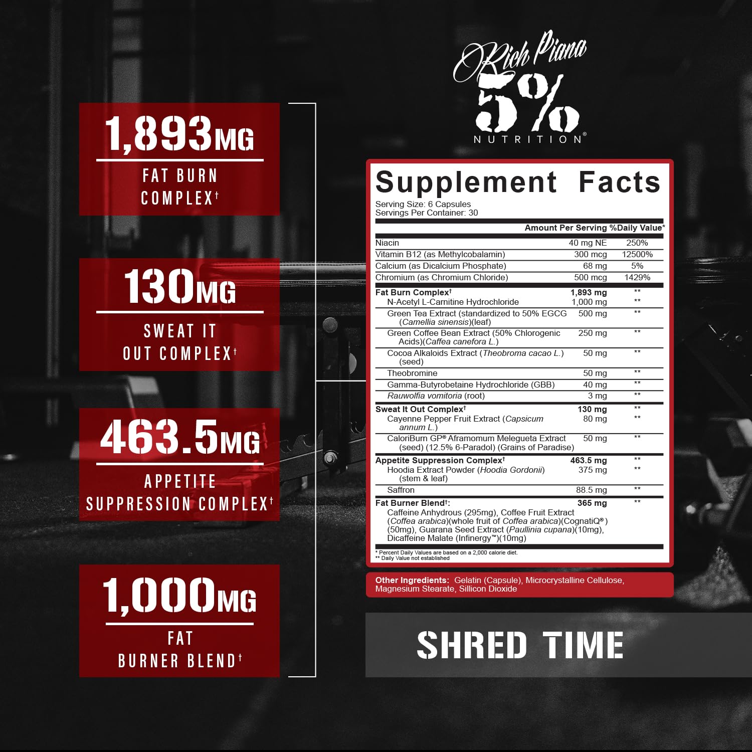 5% Nutrition Shred Time Fat Burner | Green Tea, Coffee Bean, Cayenne, Theobromine, GBB | Appetite Suppression | 30 Servings (180 Capsules)