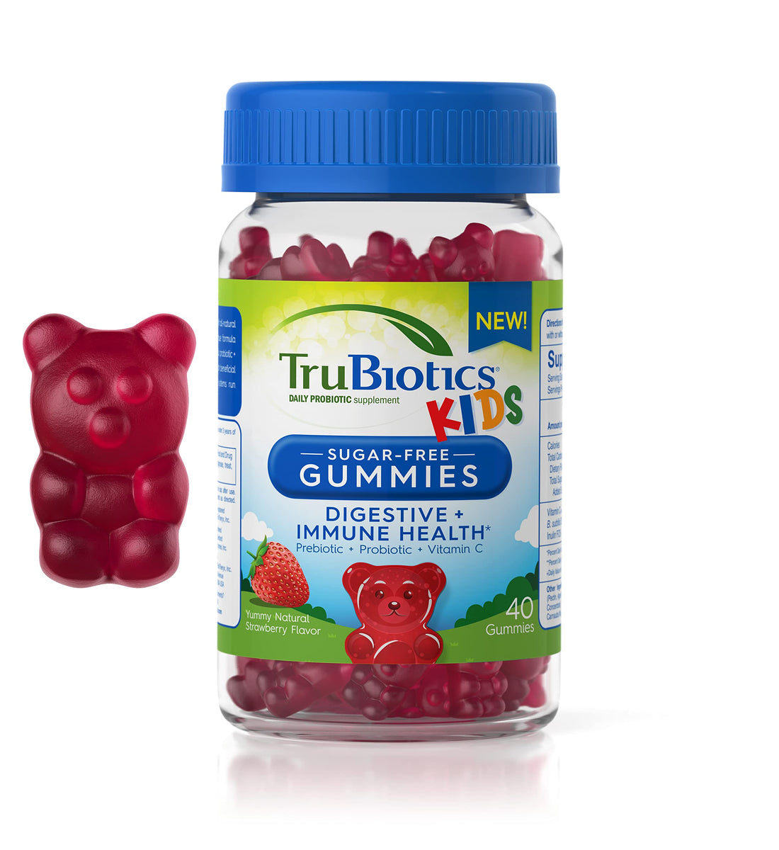 TruBiotics Probiotics for Kids with Prebiotics & Vitamin C, Sugar-Free Gummies for Digestive & Immune Health Support, Chewable Kids Probiotic Supplement, Natural Strawberry Flavor, 40 Gummies