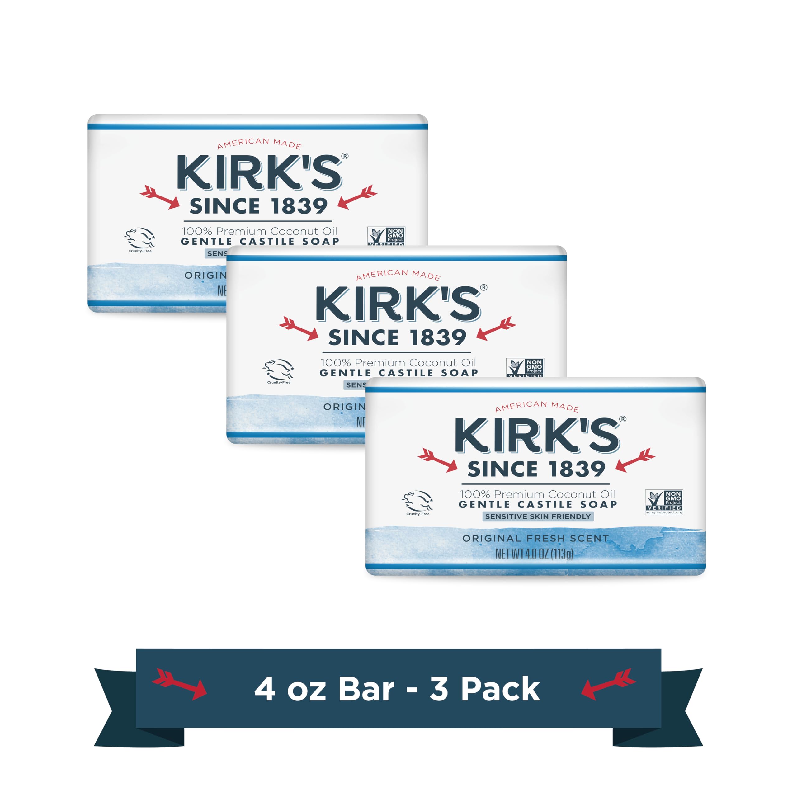 Kirk's Castile Bar Soap Clean Soap for Men, Women & Children| Premium Coconut Oil | Sensitive Skin Formula, Vegan | Original Fresh Scent | 4 oz. Bars - 3 Pack