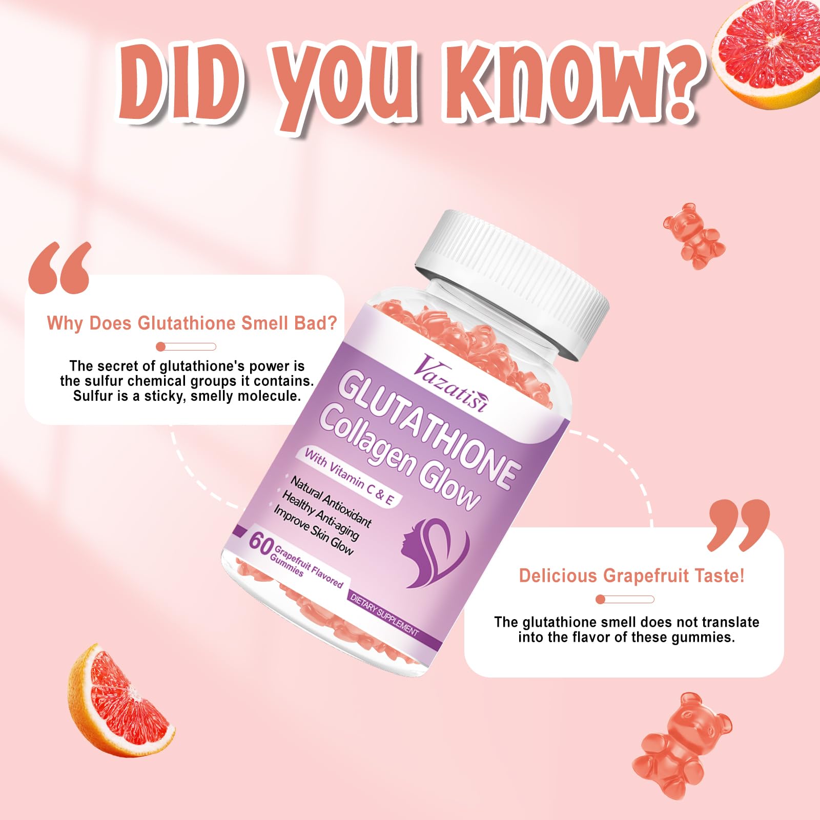 Glutathione Collagen Glow Gummies, Collagen Gummies with Vitamin C, E, Glutathione Supplement for Women, Skin Care, Anti-Aging, Grapefruit Flavor, 60 Count