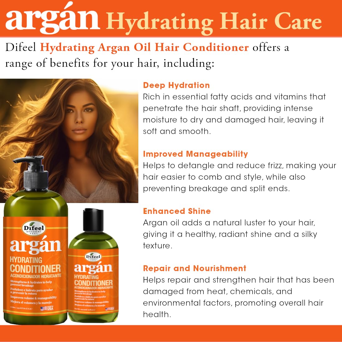 Difeel Argan Hydrating Conditioner 33.8 oz. - Natural Argan Oil Conditioner Hydrating, Paraben Free Natural Conditioner for Hair