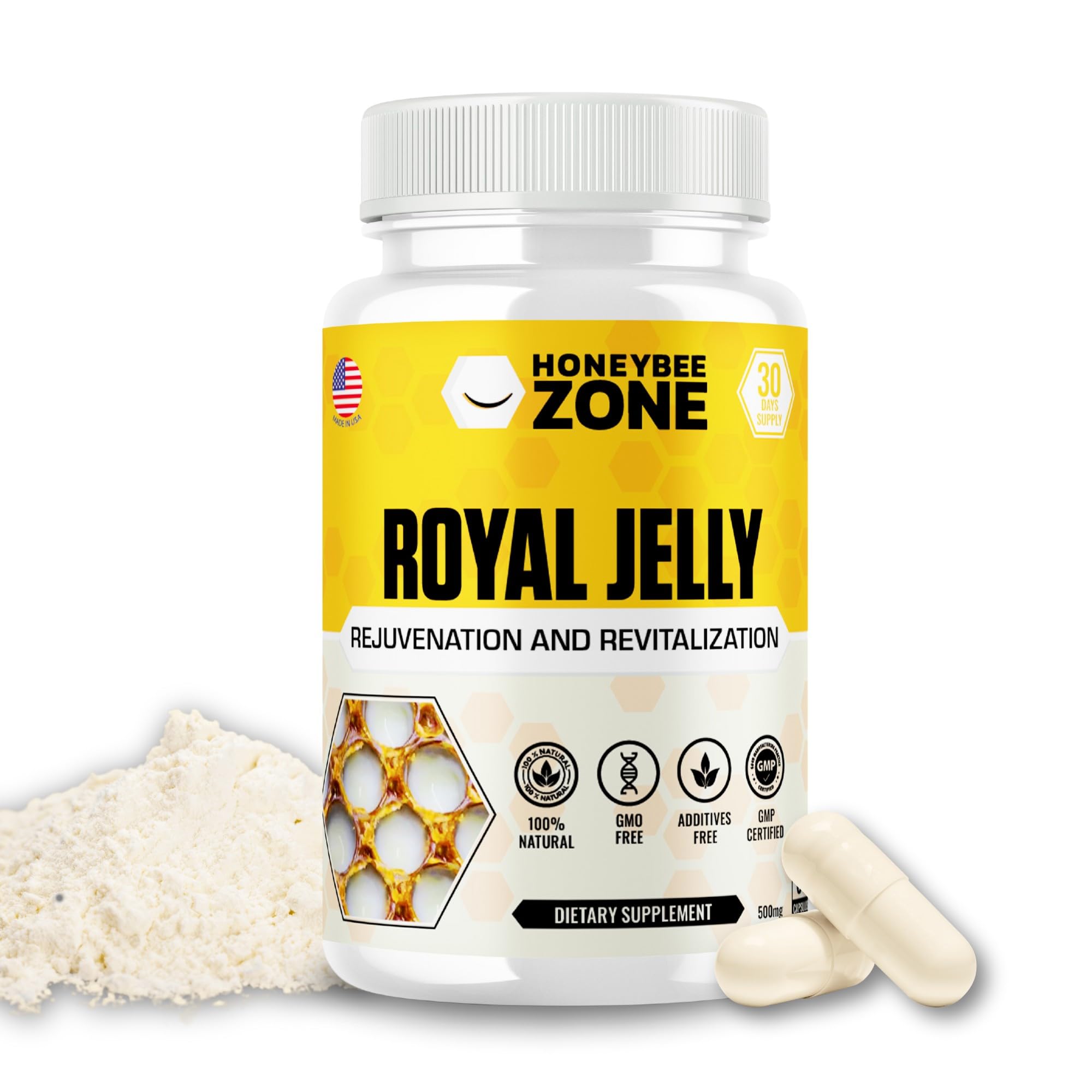 HONEYBEEZONE Royal Jelly Capsules – 500 mg Energy, Glowing Skin and Brain Booster Supplement | Non-GMO, Gluten-Free, 60 Easy-to-Swallow Veggie Capsules