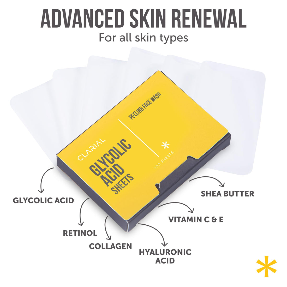 CLARIAL Glycolic Acid Soap Sheets - 100 Exfoliating Peel Face Wash - Travel Size Facial Cleanser with Vitamin C, Retinol, Kojic Acid, Collagen - Anti Aging and Minimizes Pores and Scars - 2 Pack