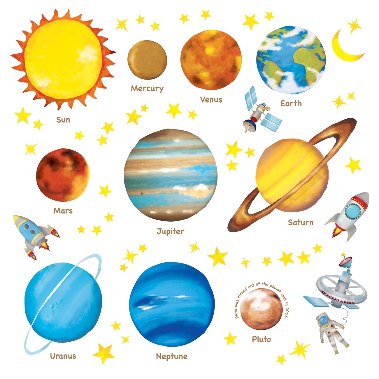 Decowall DS8-1307 Planets in The Space Kids Wall Decals Wall Stickers Peel and Stick Removable Wall Stickers for Kids Nursery Bedroom Living Room