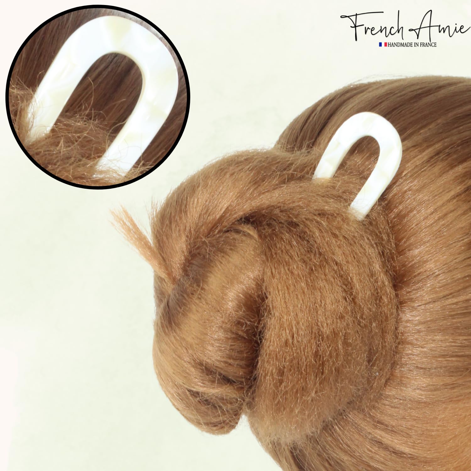French Amie Ivory White Cream Handmade Large Cellulose Acetate Chignon Bun Holder U Hair Pin Stick (Ivory white cream)