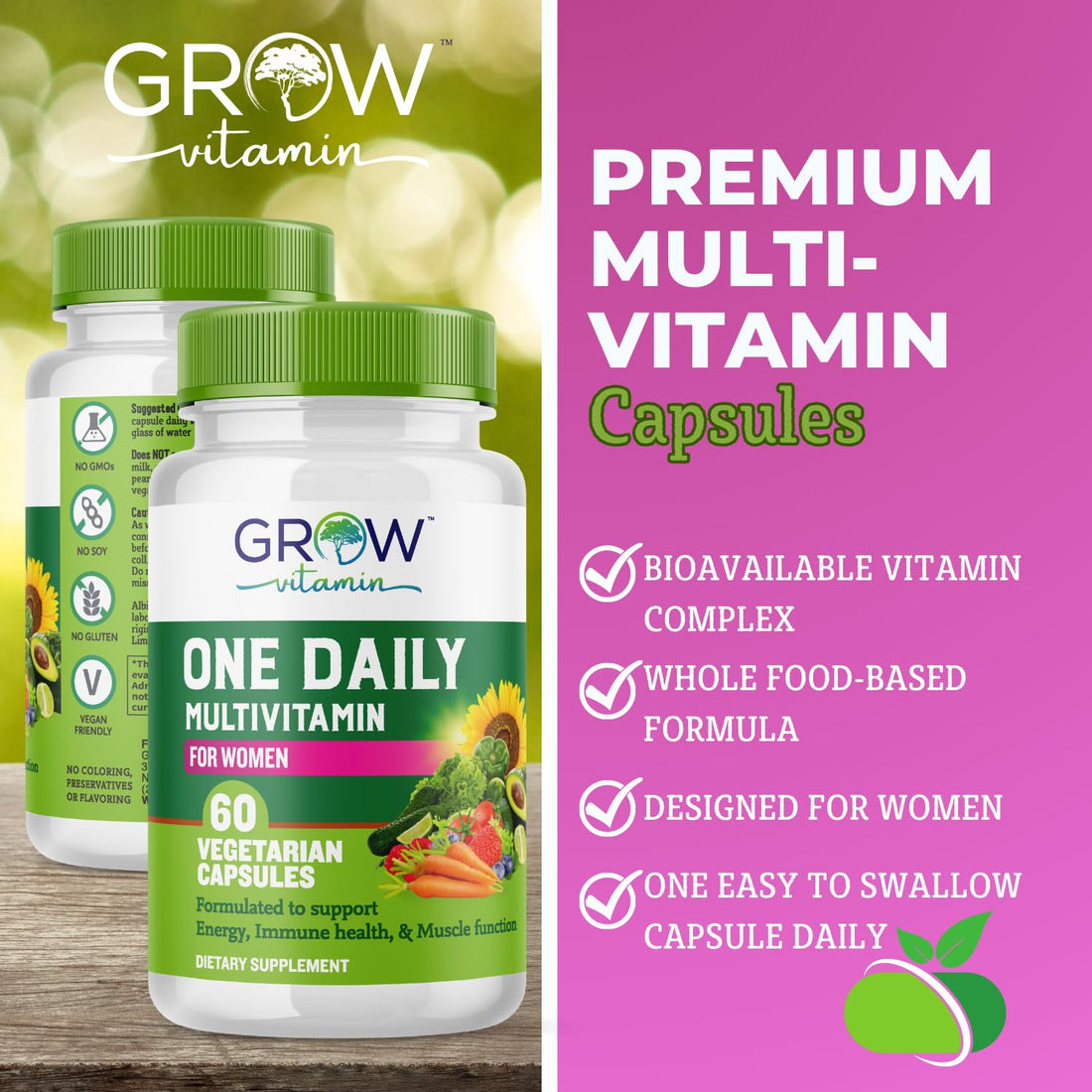 grow vitamin One Daily Multivitamin for Women - Energy Support - Whole Food Supplement to Nourish Hair, Skin, Nails - Non-GMO - No Soy - Gluten Free - 60 Capsules - 2 Month Supply