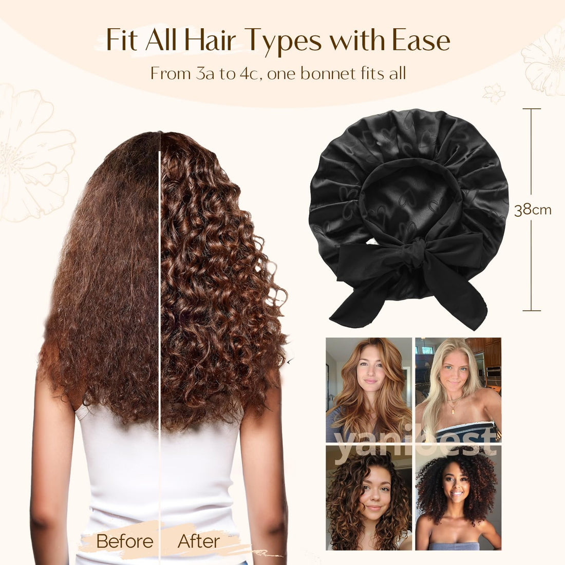 YANIBEST Adjustable Satin Bonnet for Sleeping, Double Layer Silk Bonnet with Tie Band for Women, Sleep Cap Curly Natural Hair, Black