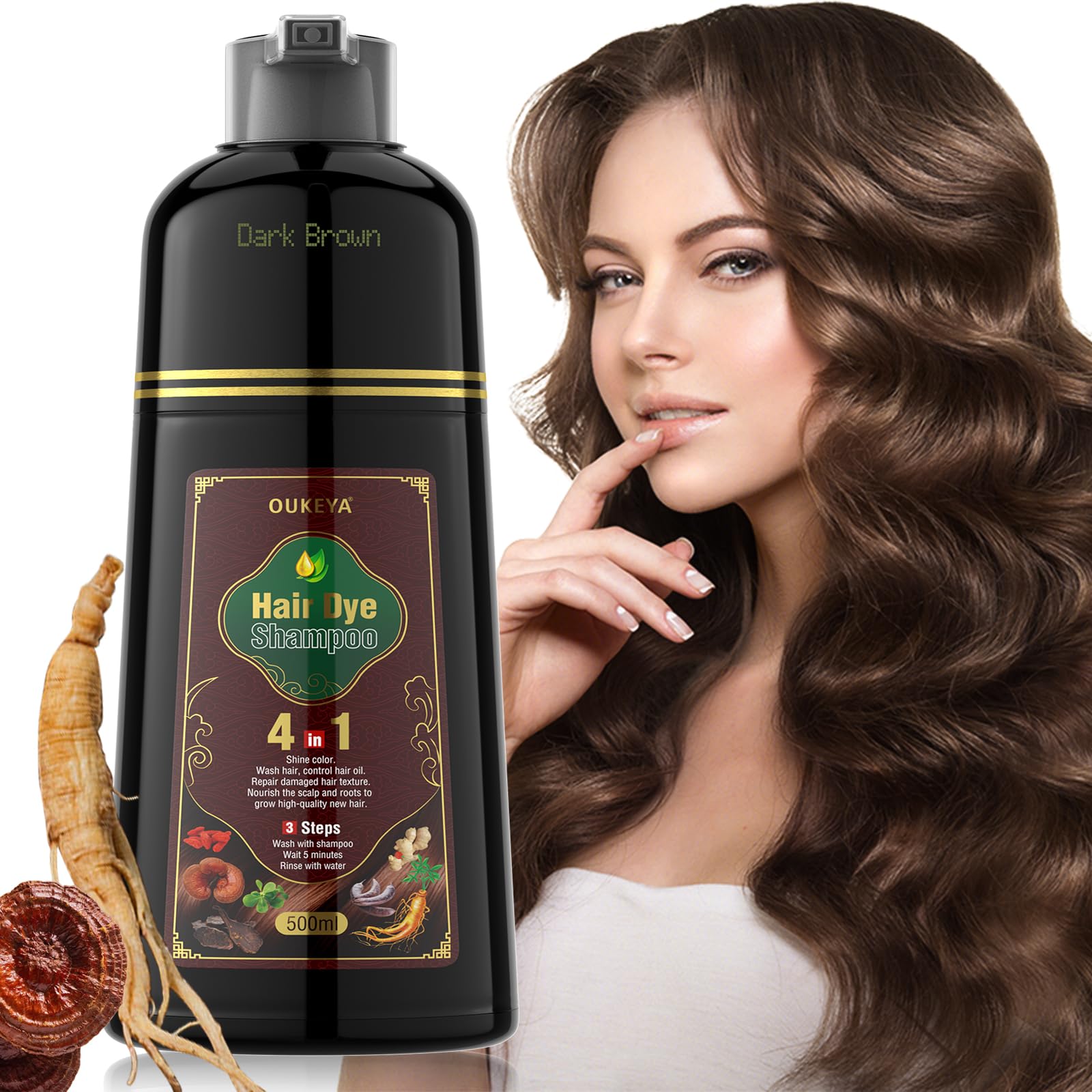 OUKEYA Dark Brown Hair Dye Shampoo 4 In 1, Hair Color Shampoo for Gray Hair Coverage for Women & Men, Instant Natural Herbal Ingredients Color Shampoo Hair Dye, Professional Salon-Level Treatments