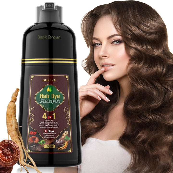 OUKEYA Dark Brown Hair Dye Shampoo 4 In 1, Hair Color Shampoo for Gray Hair Coverage for Women & Men, Instant Natural Herbal Ingredients Color Shampoo Hair Dye, Professional Salon-Level Treatments