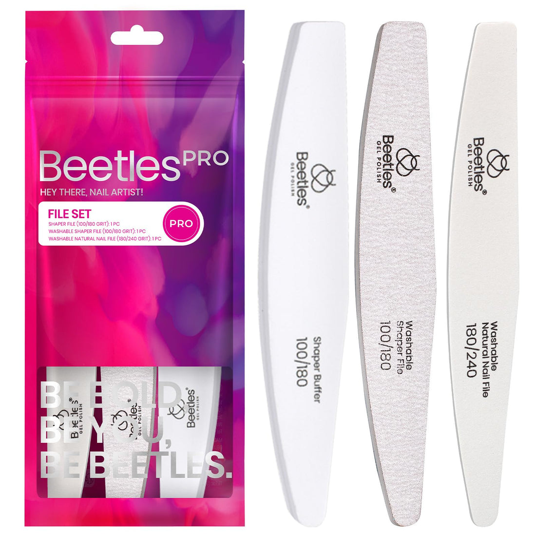 Beetles Nail File Nail Buffer, 3 Pcs Nail Files and Buffers for Acrylic and Natural Nails, 100/180/240 Grit Finger Nail Files & Buffers for Gel Nails Polish Home Salon Manicure Gift for Women