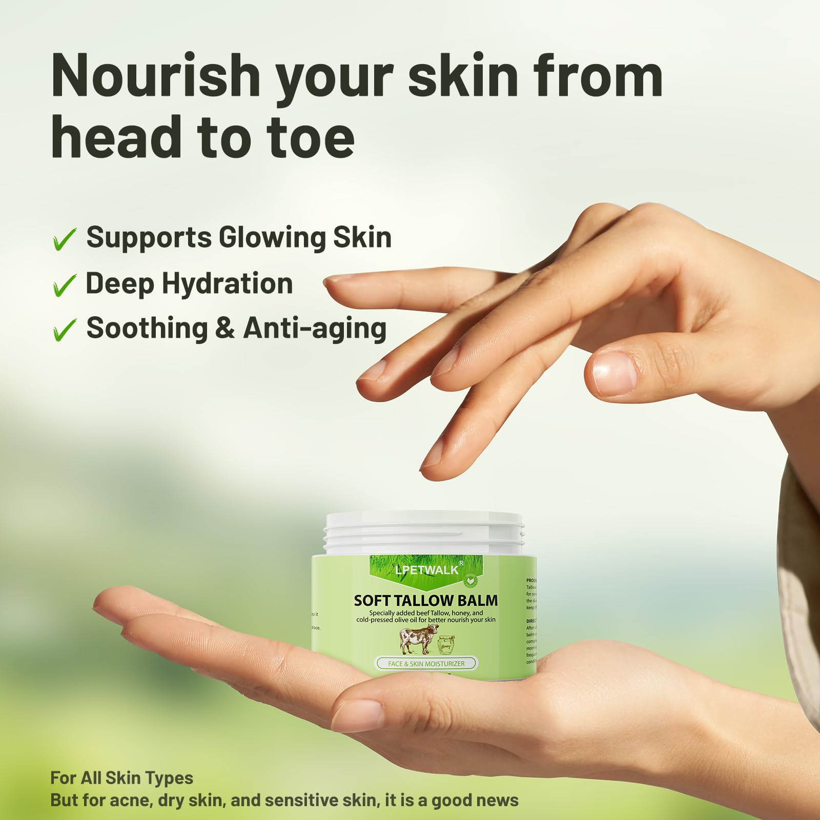 LPETWALK Beef Tallow for Skin - 4.2 oz Whipped Beef Tallow and Honey Balm -Grass-Fed Organic Tallow Face Cream -Natural Tallow Face Moisturizer - Moisturizer Body Skin Care for All Skin