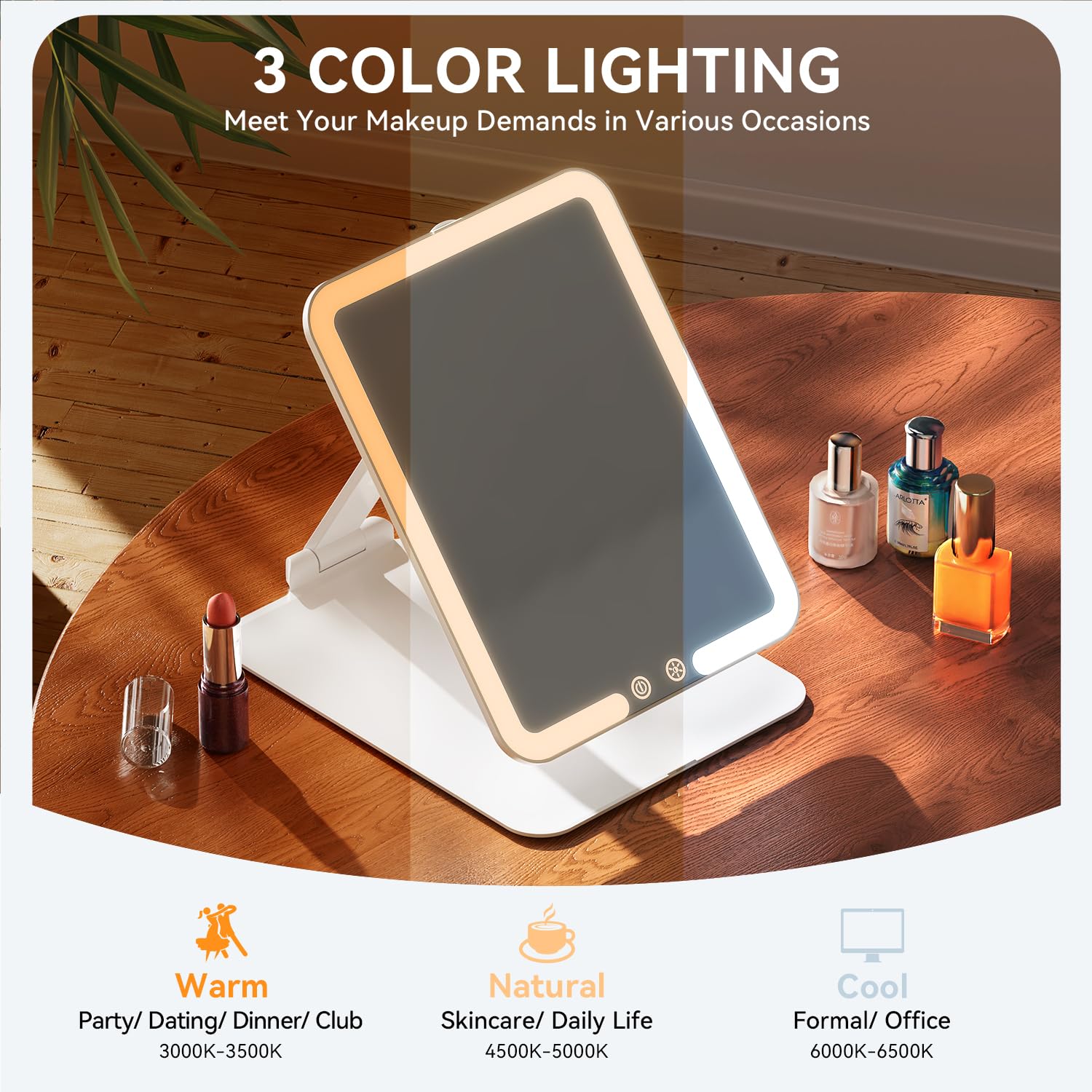 Auxmir Travel Makeup Mirror with Light, Portable Folding Lighted Travel Makeup Mirrot with 72 LEDs, Rechargeable Compact Vanity Mirror with 3 Dimmable Color Lights, Adjustable Height and Angle, White