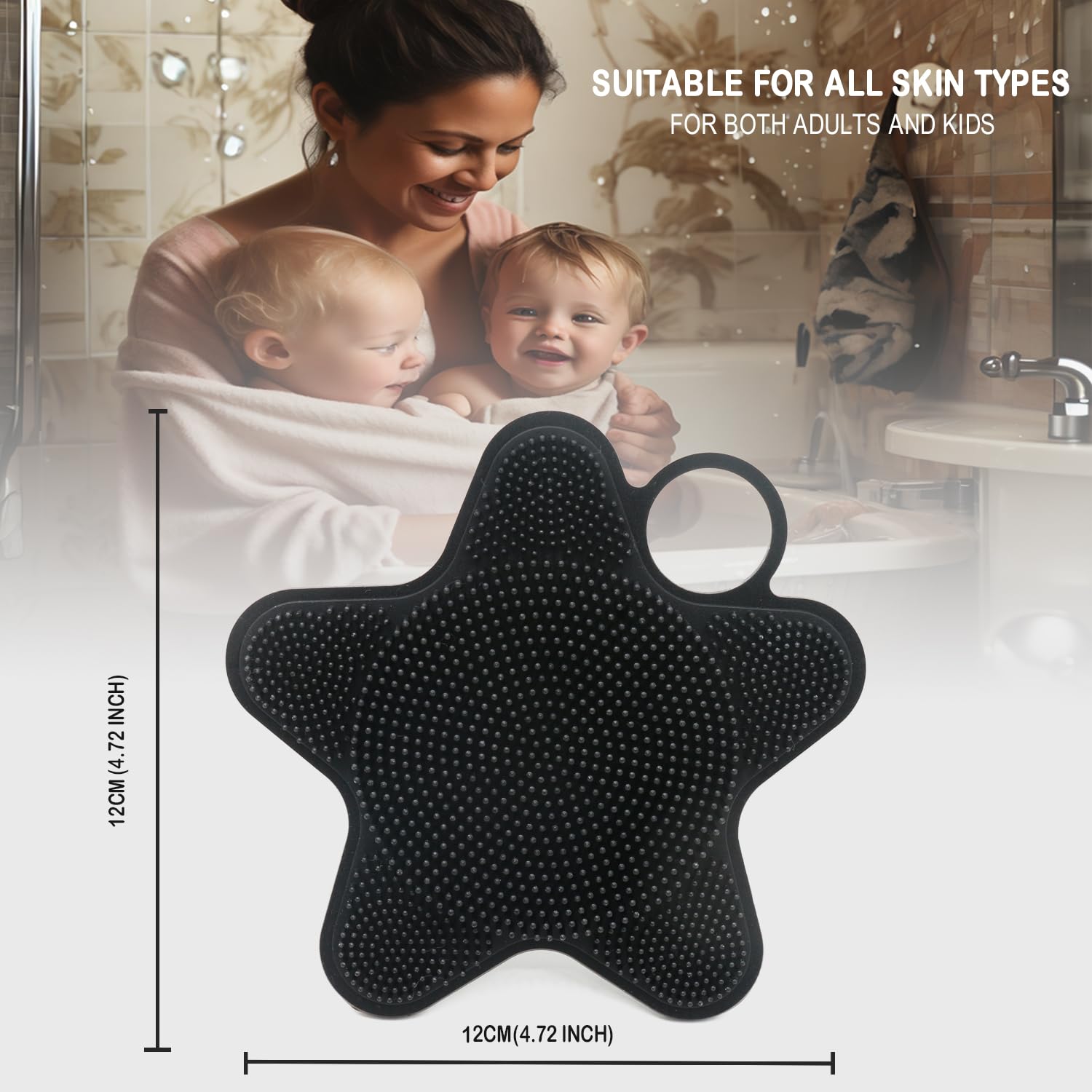 LUCKSTELLA Dual-Sided Silicone Body Scrubber, Soft Loofah Shower Brush for Sensitive Skin, Eco Friendly Shower Scrubber for Body, Silver and Zinc-Infused Silicone Body Brush for Showering (Black)