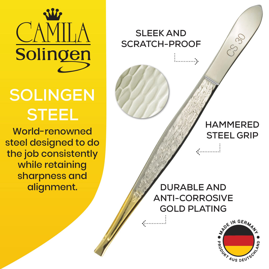 Camila Solingen CS30 3 1/2 Gold Tipped, Surgical Grade, German Stainless Steel Tweezers (Claw).