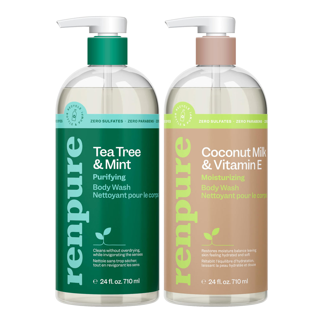RENPURE LLC Tea Tree Mint Oil & Coconut Vitamin E, Sulfate Free Moisturizing Body Wash For Dry Sensitive Skin, Antibacterial Body & Hand Soap For Men Women Kids & Toddlers, White, 24 Oz