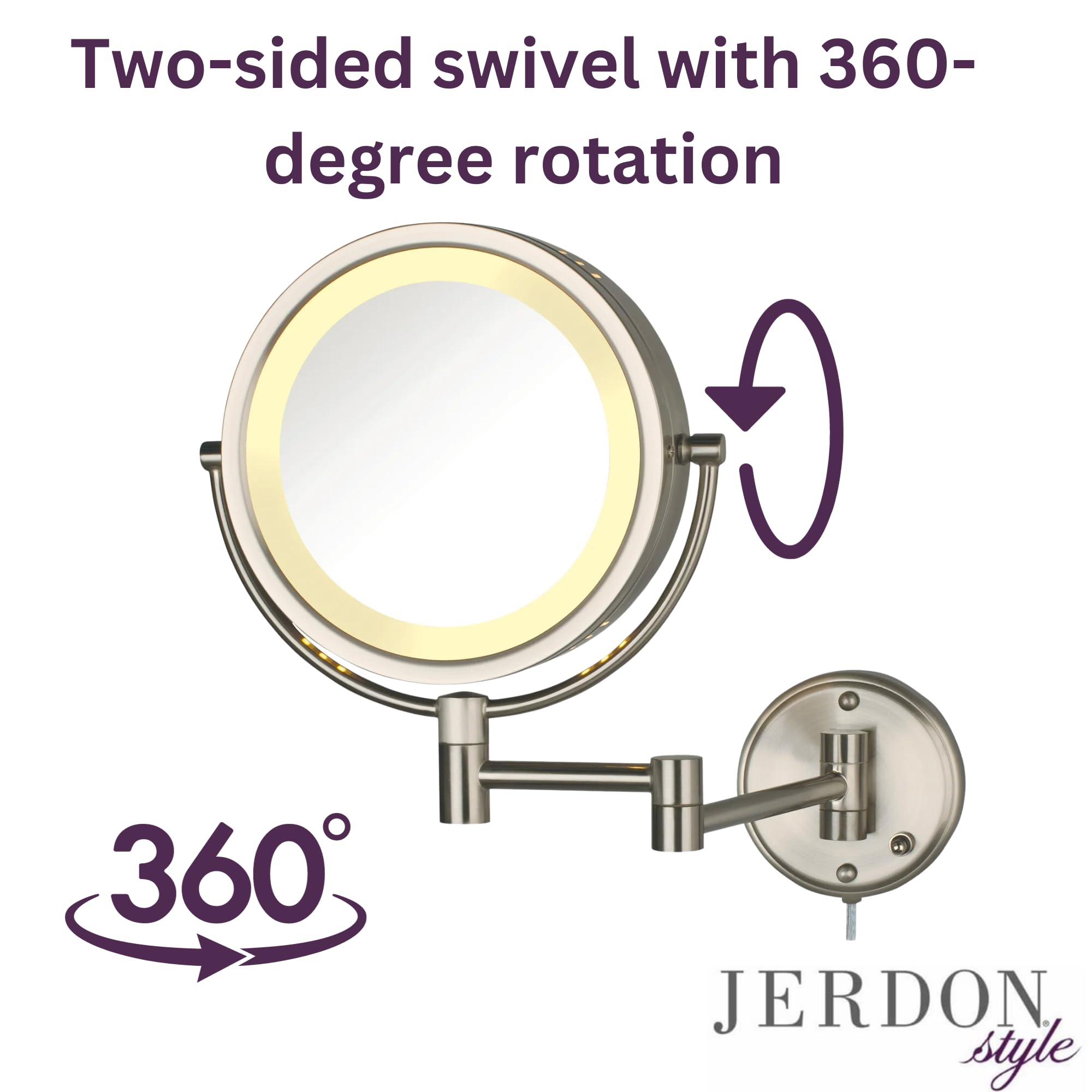 Jerdon HL75N 8.5-Inch Lighted Wall Mount Makeup Mirror with 8x Magnification, Nickel Finish