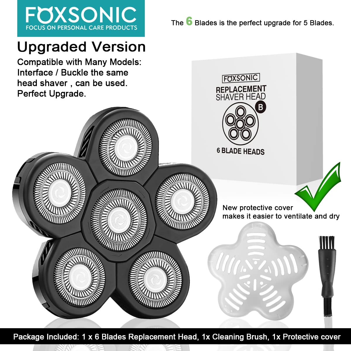 FOXSONIC Universal 6 Blades Replacement Heads for Mainstream Shaver Brands, 5 Blades Head Shaver Replacement Blades, Head Shaver Bald Shaver Replacement Heads with Blade Cover Shaver Head (Black)