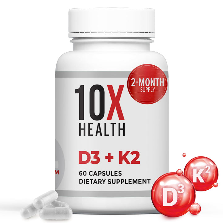 10X Health Vitamin D3 K2 - Loaded with 125 mcg Vitamin D and 90 mcg Vitamin K (Menaquinone 7) - D3 and K2 Supplements That Support Bone Health, Heart and Teeth - 60 Capsules