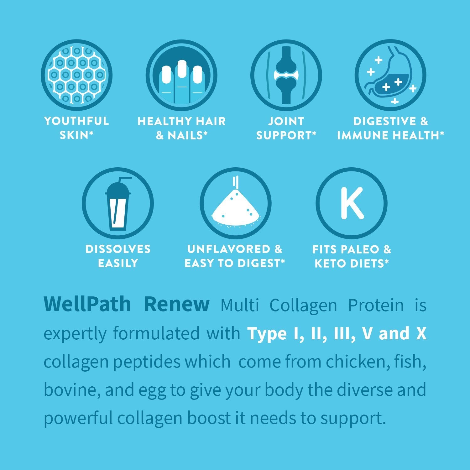 WellPath Renew Multi Collagen Protein Powder for Women | Complex Supplement - Hydrolyzed Grass-Fed Bovine, Marine, & Chicken Sources | Types I, II, III, V, X | 11 oz