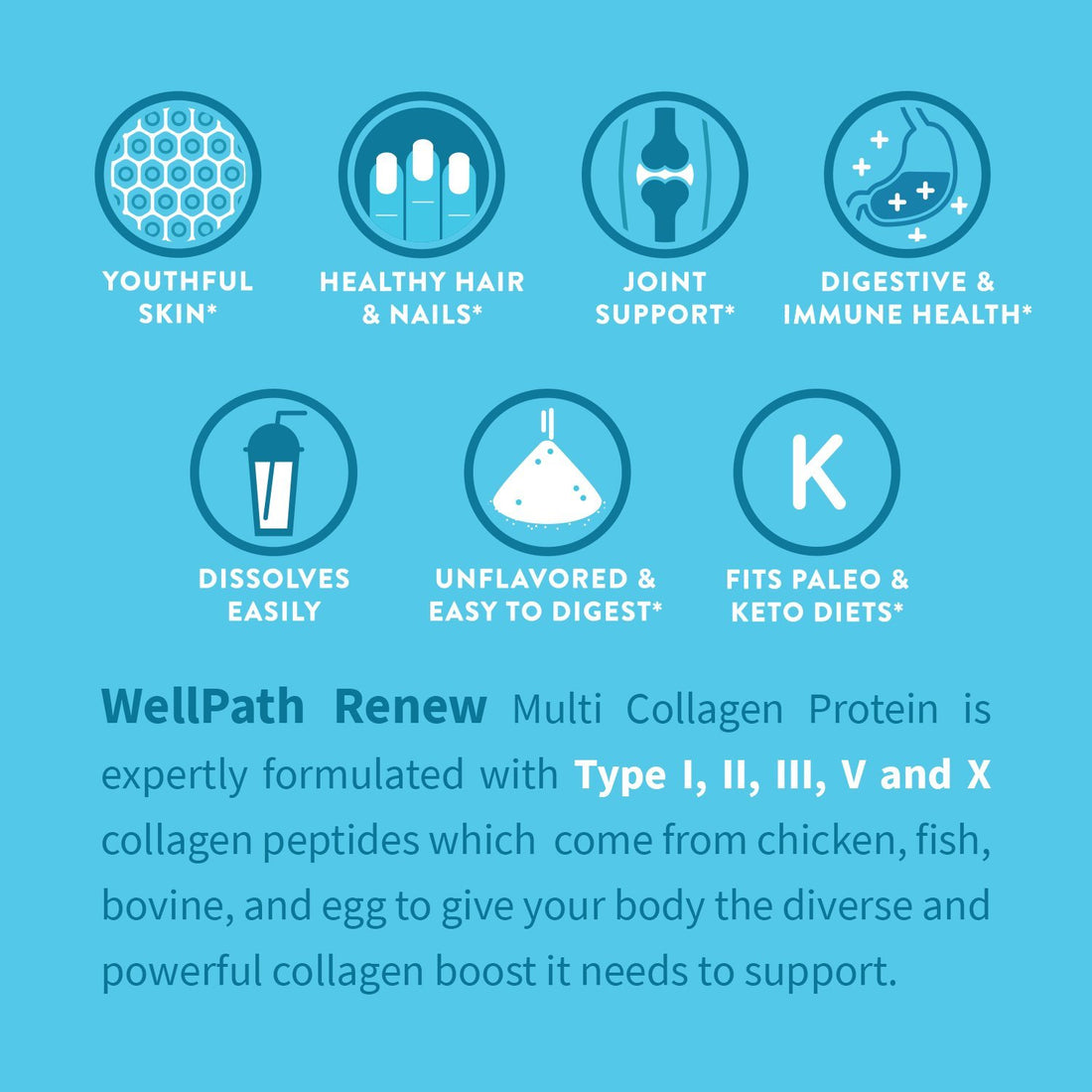 WellPath Renew Multi Collagen Protein Powder for Women | Complex Supplement - Hydrolyzed Grass-Fed Bovine, Marine, & Chicken Sources | Types I, II, III, V, X | 11 oz