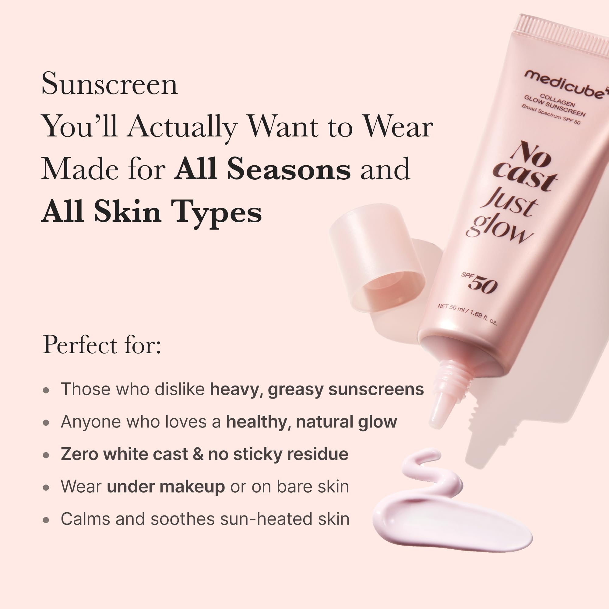 medicube No Cast Just Glow Collagen Sunscreen | SPF 50 Broad Spectrum Face Sunscreen | Lightweight, Non-Sticky, Hydrating Formula | No White Cast or Residue | Peptide, Cica for Soothing & Natural Glow