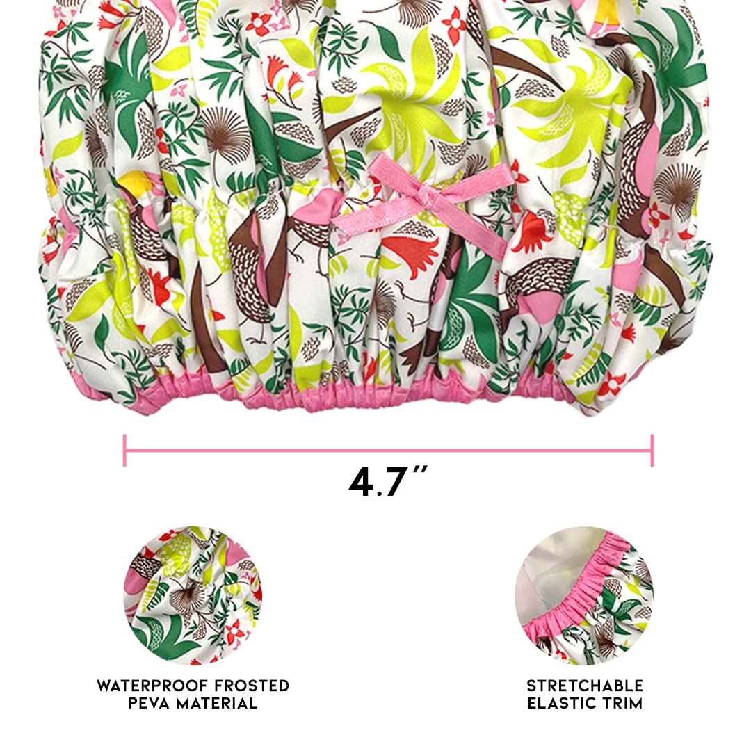 Reusable Shower Cap & Bath Cap & Lined, Oversized Waterproof Shower Caps Large Designed for all Hair Lengths with PEVA Lining & Elastic Band Stretch Hem Hair Hat - Fashionista Tropical