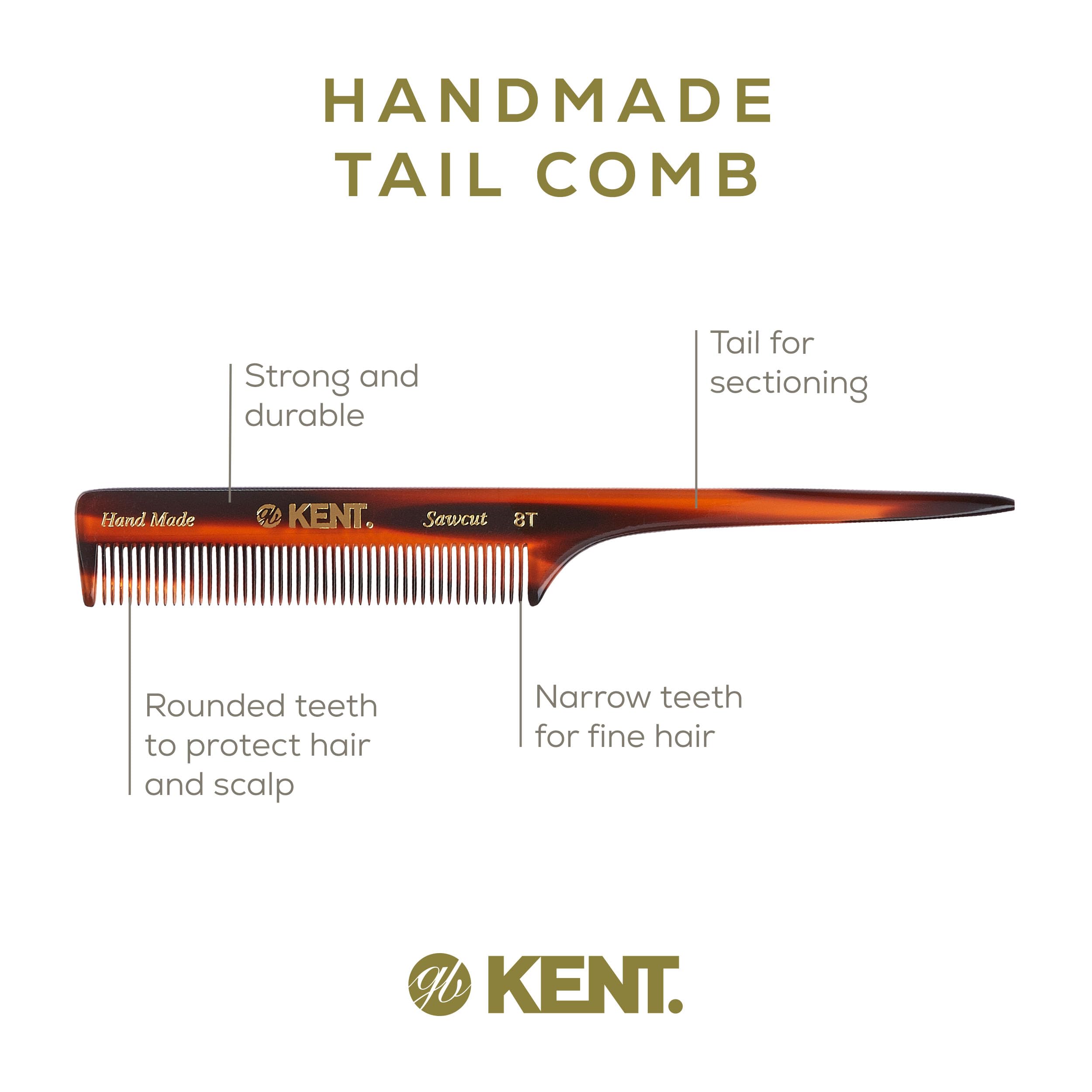 Kent Authentic Handmade Rat Tail Comb, Dark Brown, 200mm