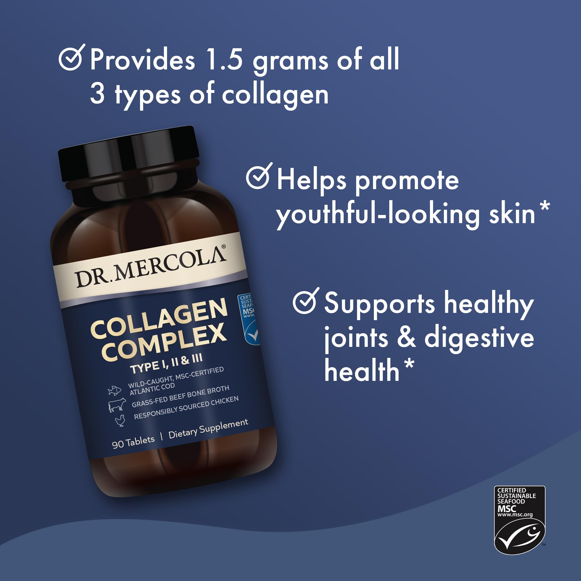Dr. Mercola Collagen Complex Tablets, 30 Servings (90 Tablets), Dietary Supplement, Promotes Youthful-Looking Skin, Non-GMO, MSC Certified
