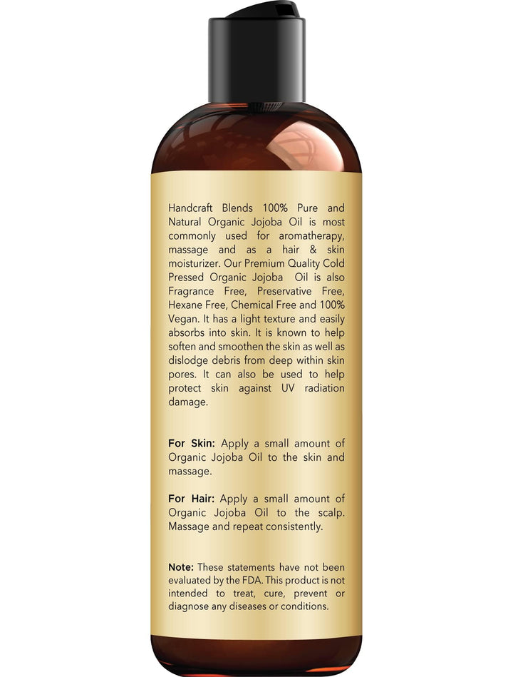 Handcraft Blends USDA Organic Jojoba Oil - Cold-Pressed 8 Fl Oz - 100% Pure and Natural - Premium Grade Carrier Oil for Skin and Hair - Hair and Body - Massage - Hexane-Free