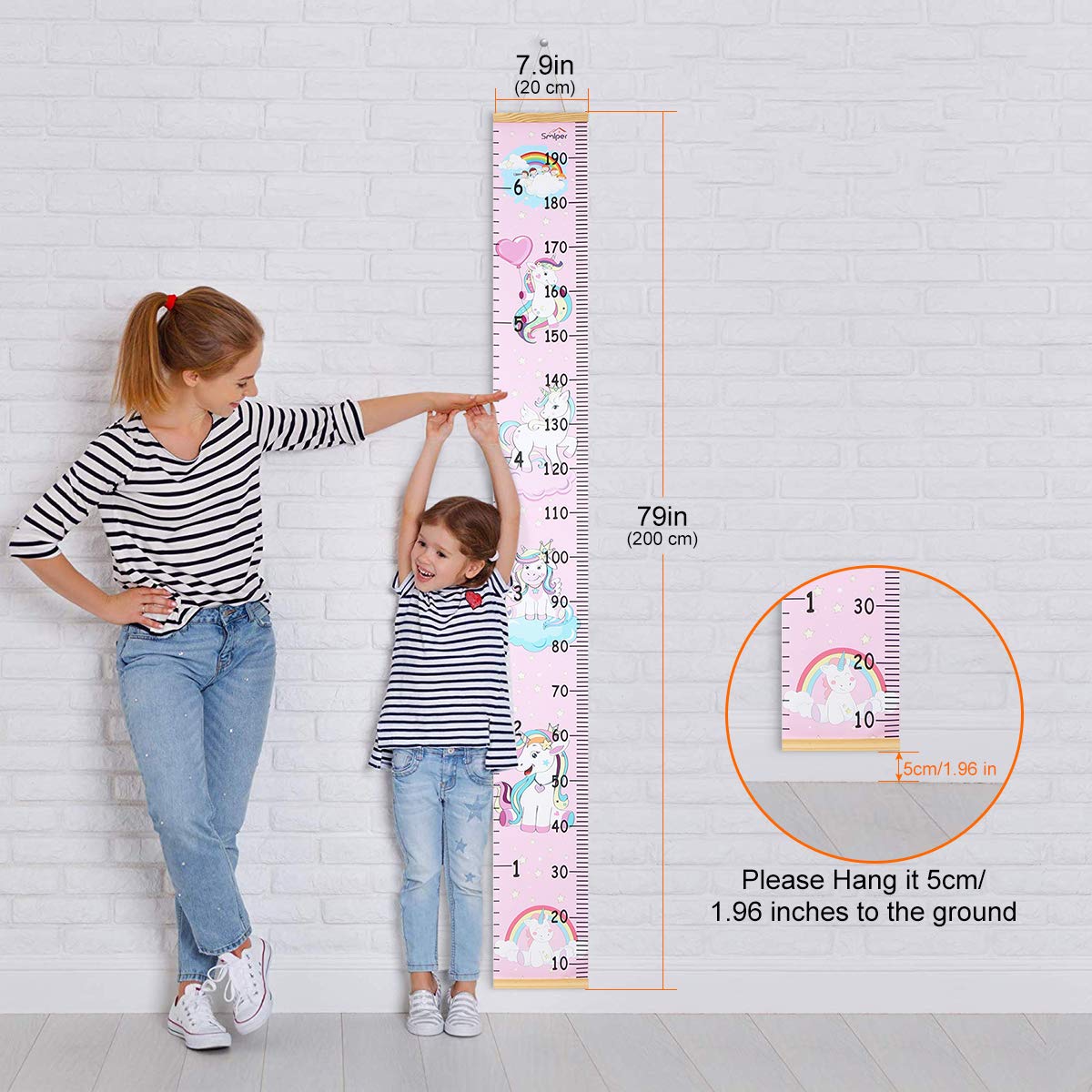 Smlper Growth Chart for Kids,Child Height Chart Ruler for Wall,Wood Frame Fabric Canvas Height Measurement Ruler for Kids Nursery Room,Removable Wall Decor 79x7.9