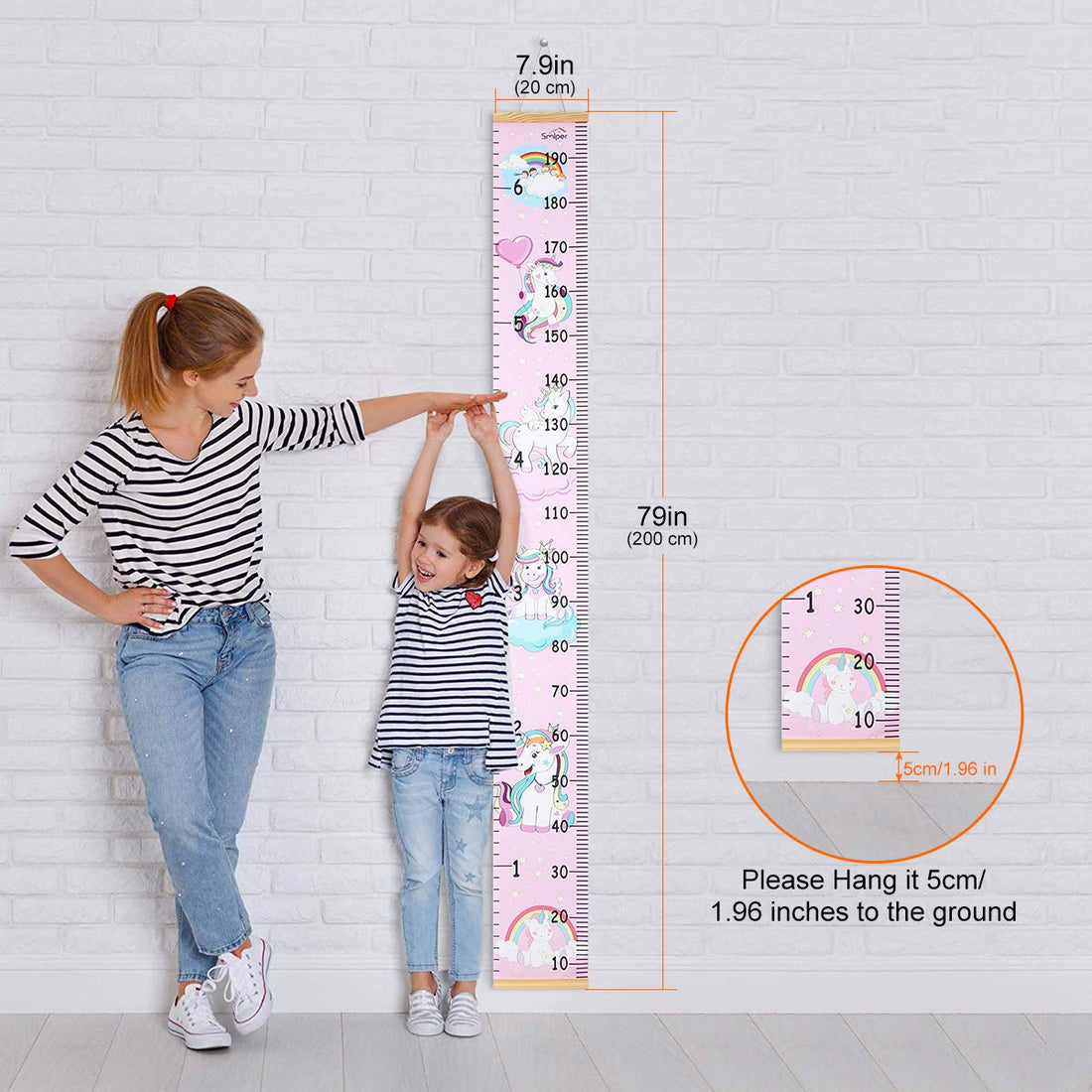 Smlper Growth Chart for Kids,Child Height Chart Ruler for Wall,Wood Frame Fabric Canvas Height Measurement Ruler for Kids Nursery Room,Removable Wall Decor 79x7.9