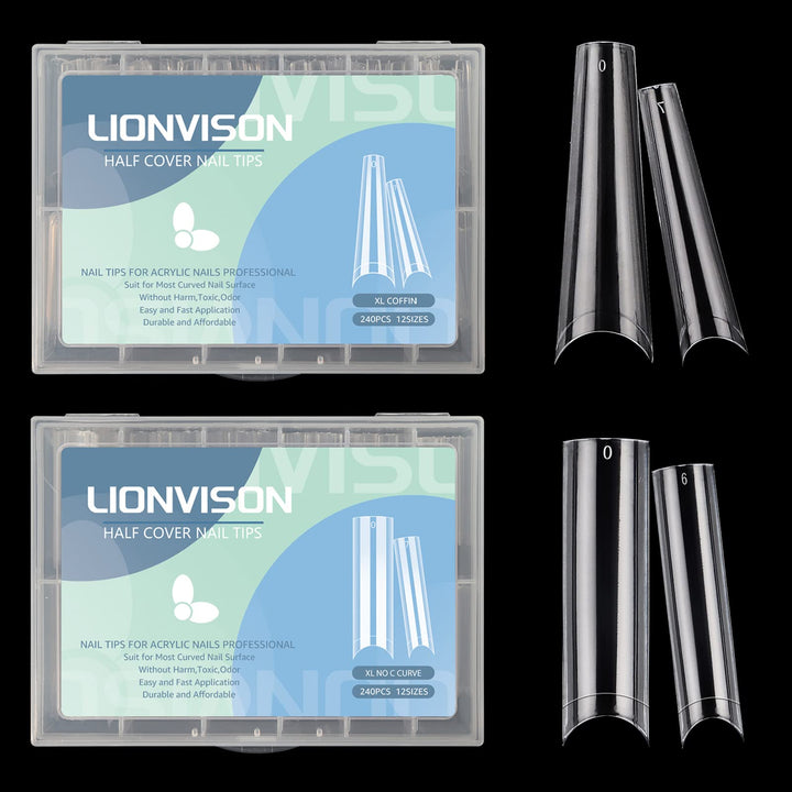 440PCS Extra Long Clear Nail Tips, 1Pack Half Cover Clear Coffin Nail Tips with 1Pack C Curve Nail Tips for Acrylic Nails Professional, XL Long Straight Square Ballerina Nail Tips for Nail Salons Home