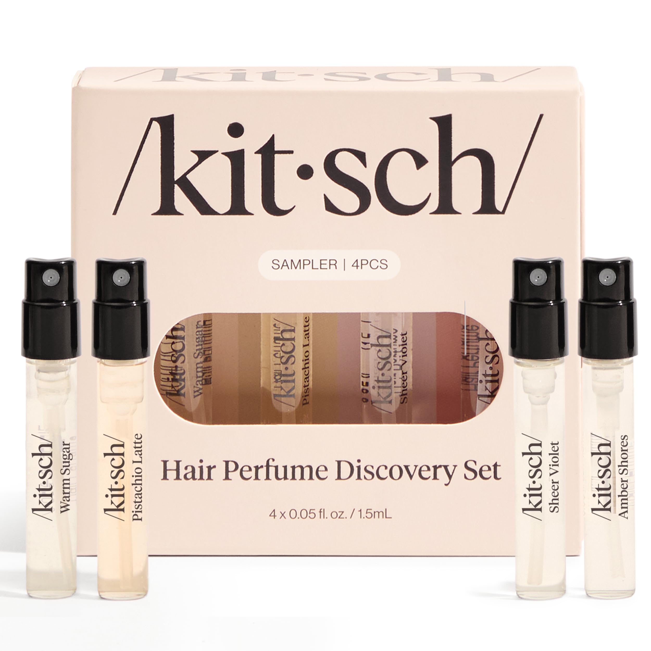 Kitsch Hair Perfume For Women (Discovery Set) - Pistachio Latte, Warm Sugar, Sheer Violet & Amber Waves - Patented Odor-Eliminating Technology, Hair Spray and Body Mist - 4 x 1.5ml