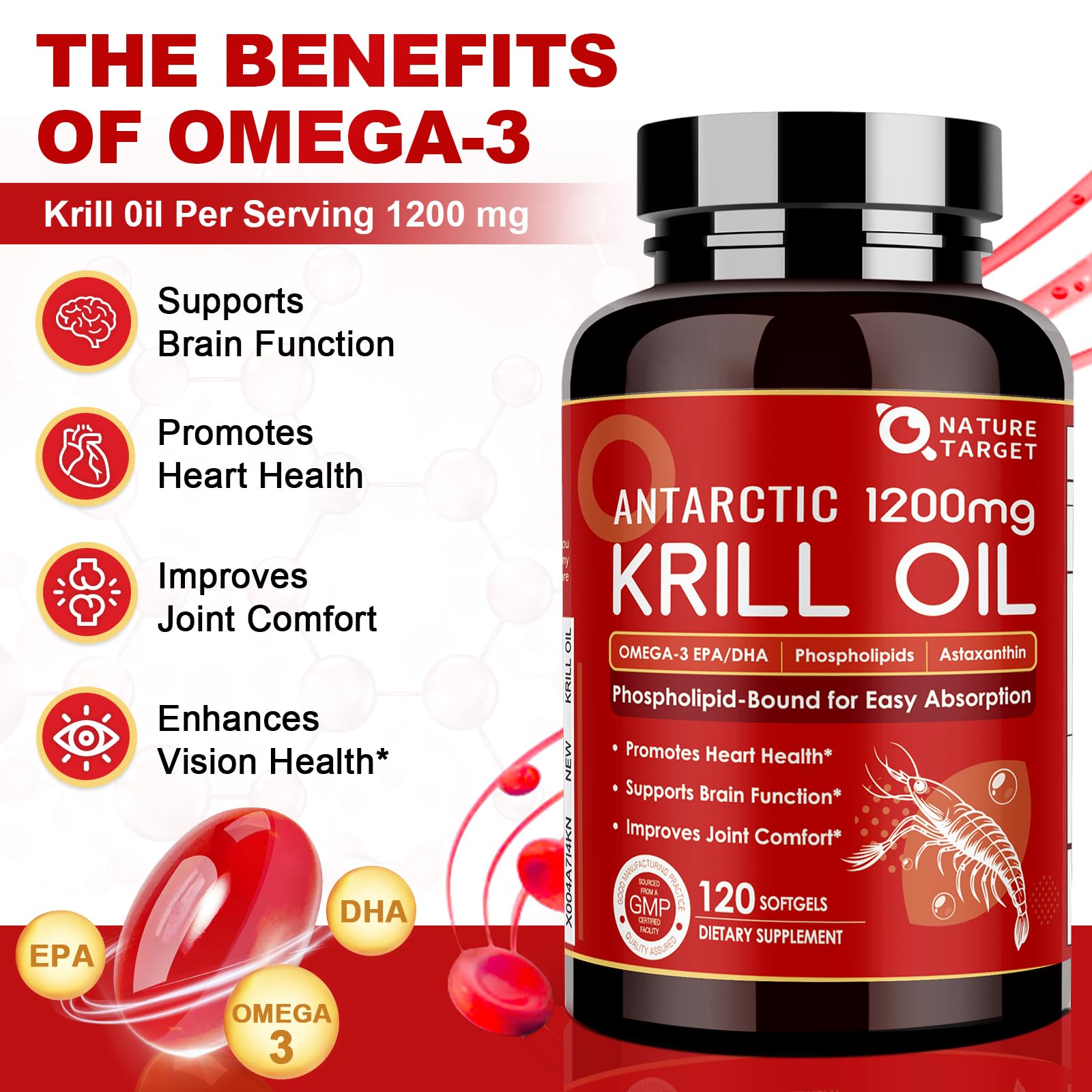 NATURE TARGET Krill Oil 1200mg with Omega-3 EPA & DHA with Astaxanthin, Phospholipids & Choline - Supports Heart, Brain, Join Health, Non-GMO, Gluten Free, 120 Softgels (60 Servings)