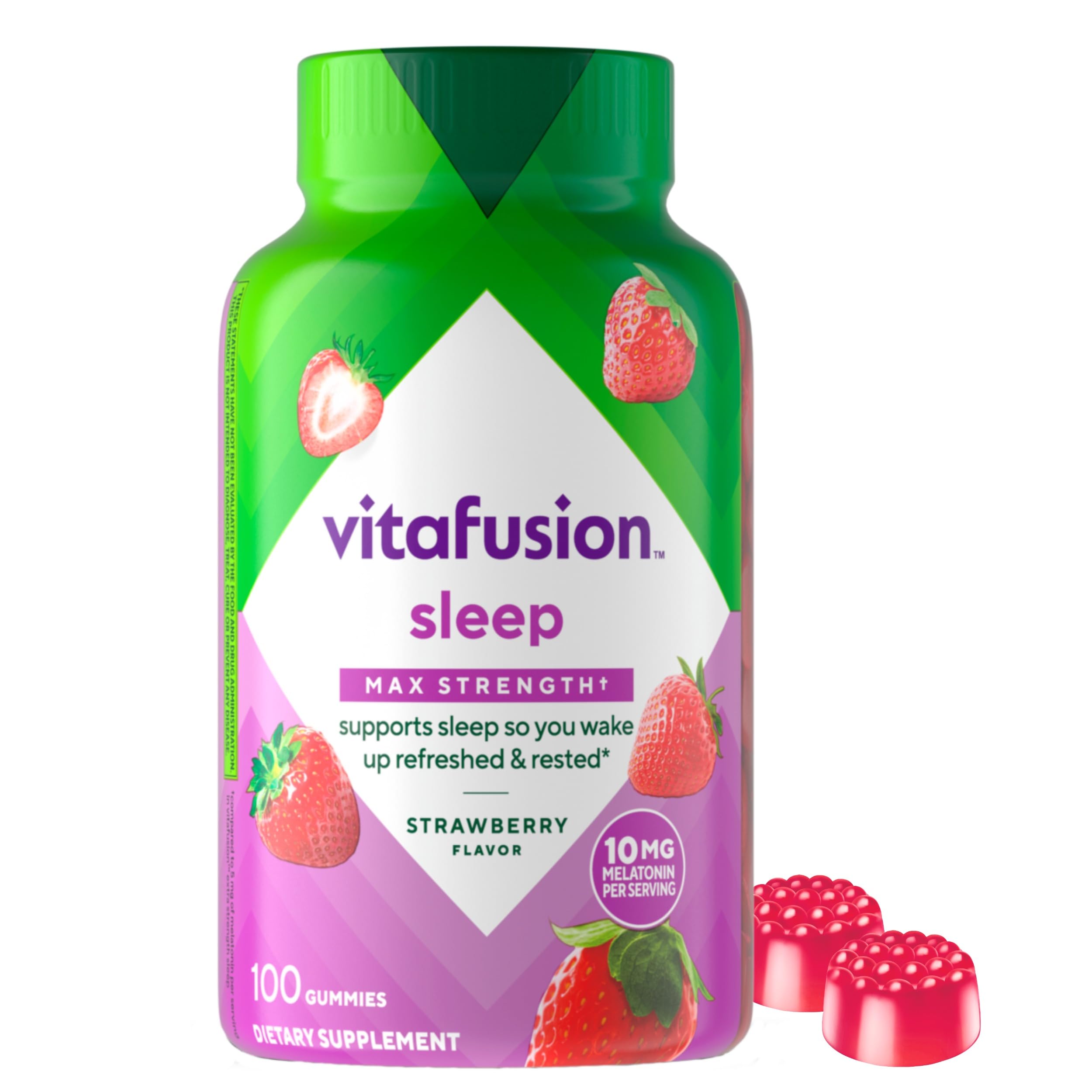Vitafusion Max Strength Melatonin Gummy Supplements, Strawberry Flavored, 10 mg Melatonin Sleep Supplements, America’s Number 1 Gummy Vitamin Brand, 50 Day Supply, 100 Count