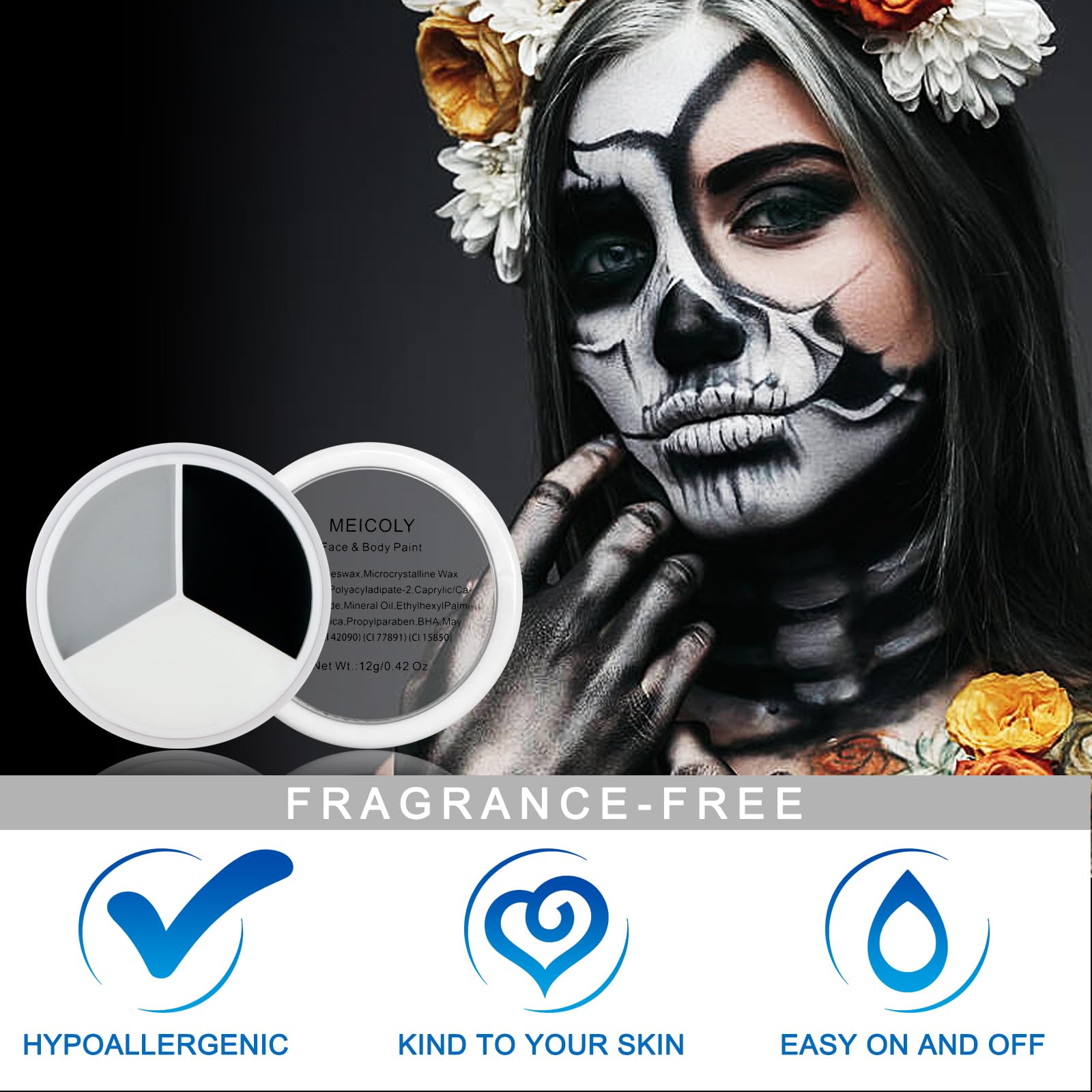 MEICOLY Black White Light Grey Face Body Paint Palette,Halloween Zombie Skeleton Makeup Face Paint,Clown Black White Makeup for Adults and Kids,Professional Body Paint Face Painting for SFX Cosplay