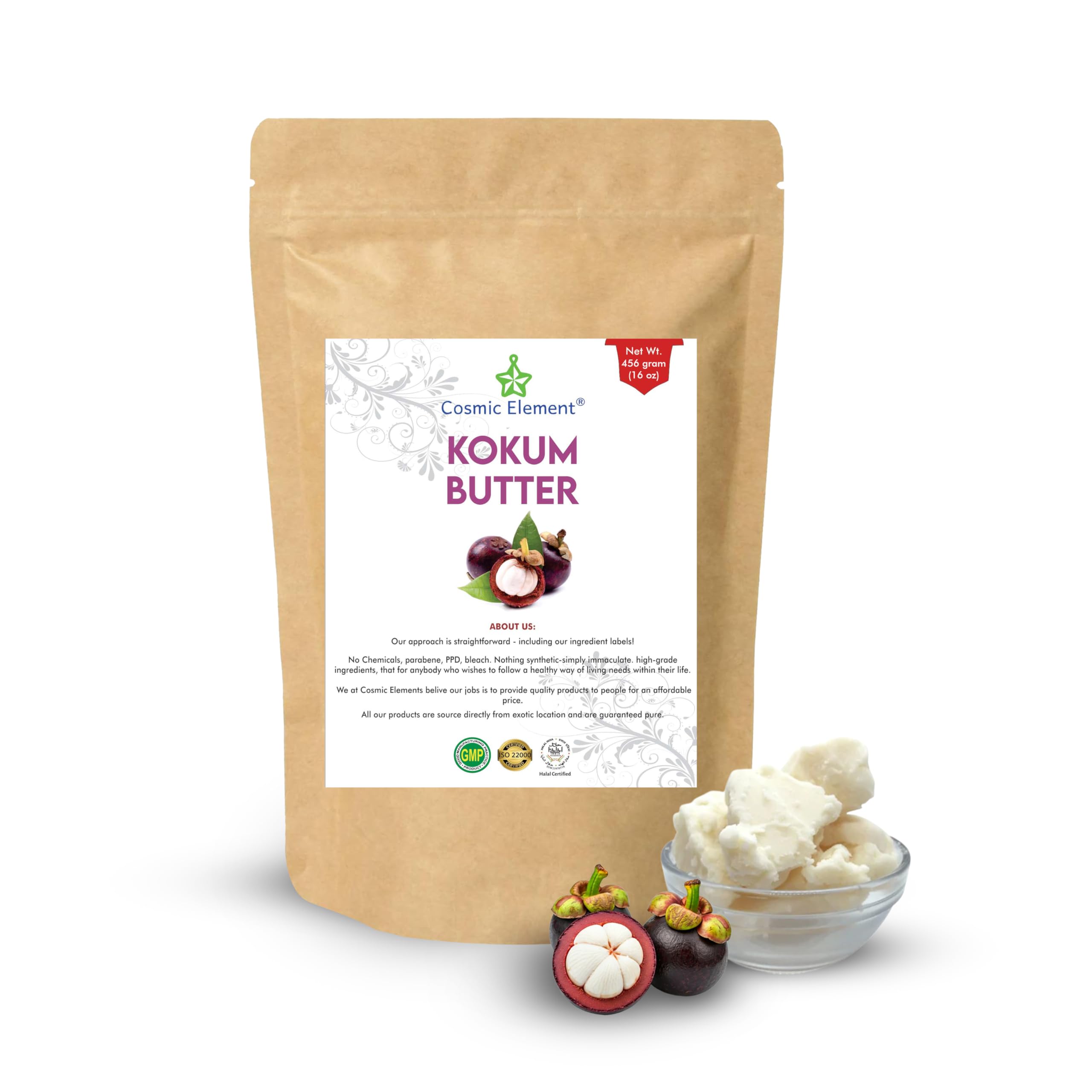 Cosmic Element Raw Organic Kokum Butter - Light, Firm Butter for Skin Care | Ideal for Making Soap, Lotion Bars, Lip Balm | Body Butter for Dry Skin - Scent-Free (16 Oz)