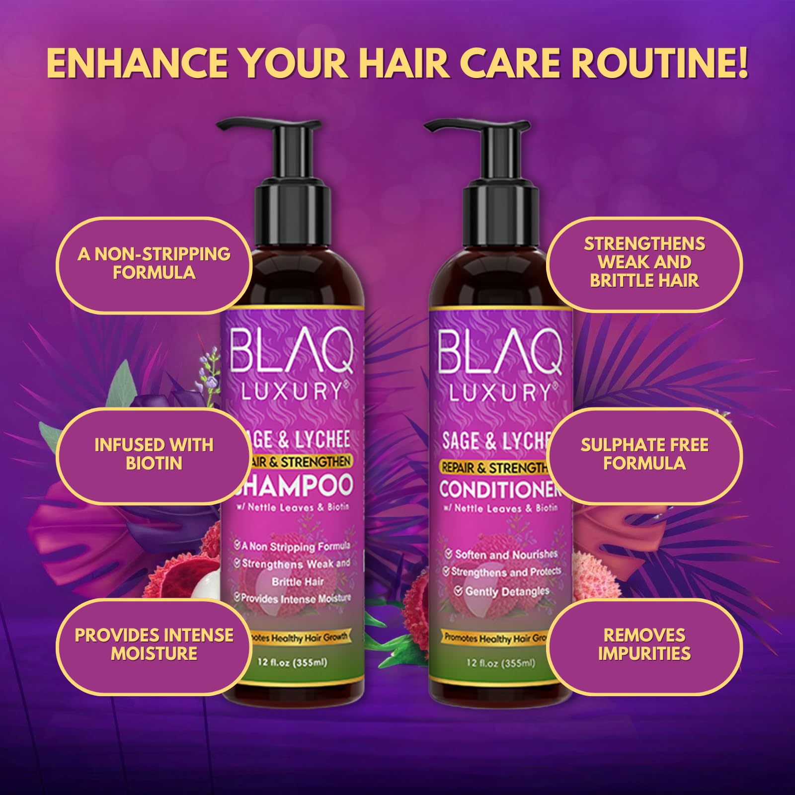 Blaq Luxury - Repair and Strengthen Biotin Shampoo & Conditioner for Women with Sage, Lychee, & Nettle | Repairs Damaged and Thinning Hair | Reduces Breakage | Visibly Stronger Hair | 12oz