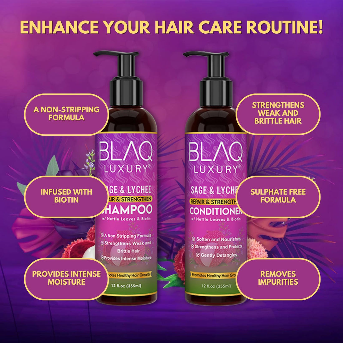 Blaq Luxury - Repair and Strengthen Biotin Shampoo & Conditioner for Women with Sage, Lychee, & Nettle | Repairs Damaged and Thinning Hair | Reduces Breakage | Visibly Stronger Hair | 12oz