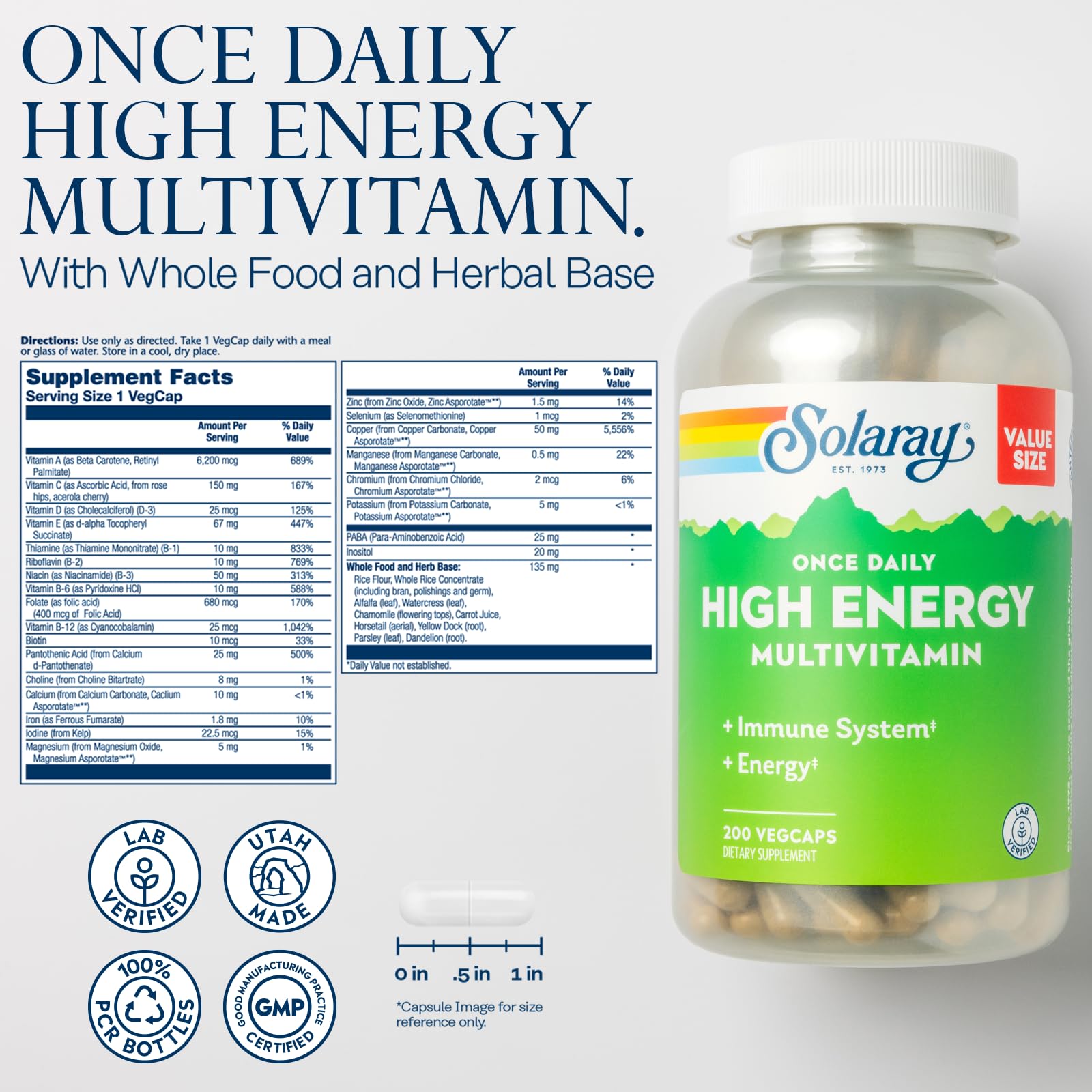 SOLARAY Once Daily High Energy Multivitamin for Women and Men - Energy Supplements - Immune Support w/Vitamin C, A, D and E, Vitamin B Complex, Trace Minerals, 60-Day Guarantee, 200 Serv, 200 VegCaps