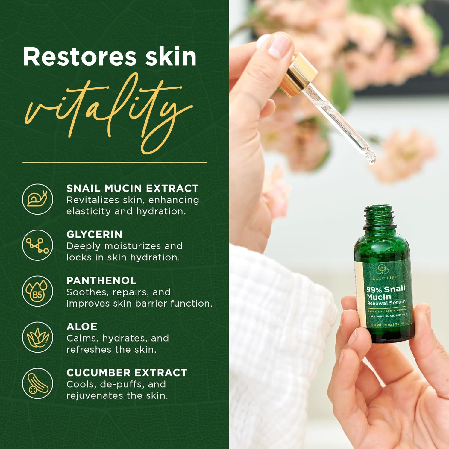 Tree of Life Beauty 99% Snail Mucin Serum - Hydrating Serum for Face with Aloe Vera and Cucumber - Snail Serum Pore Minimizer for Face - Highly Concentrated Skin Care Face Serum for Women 1 Fl Oz