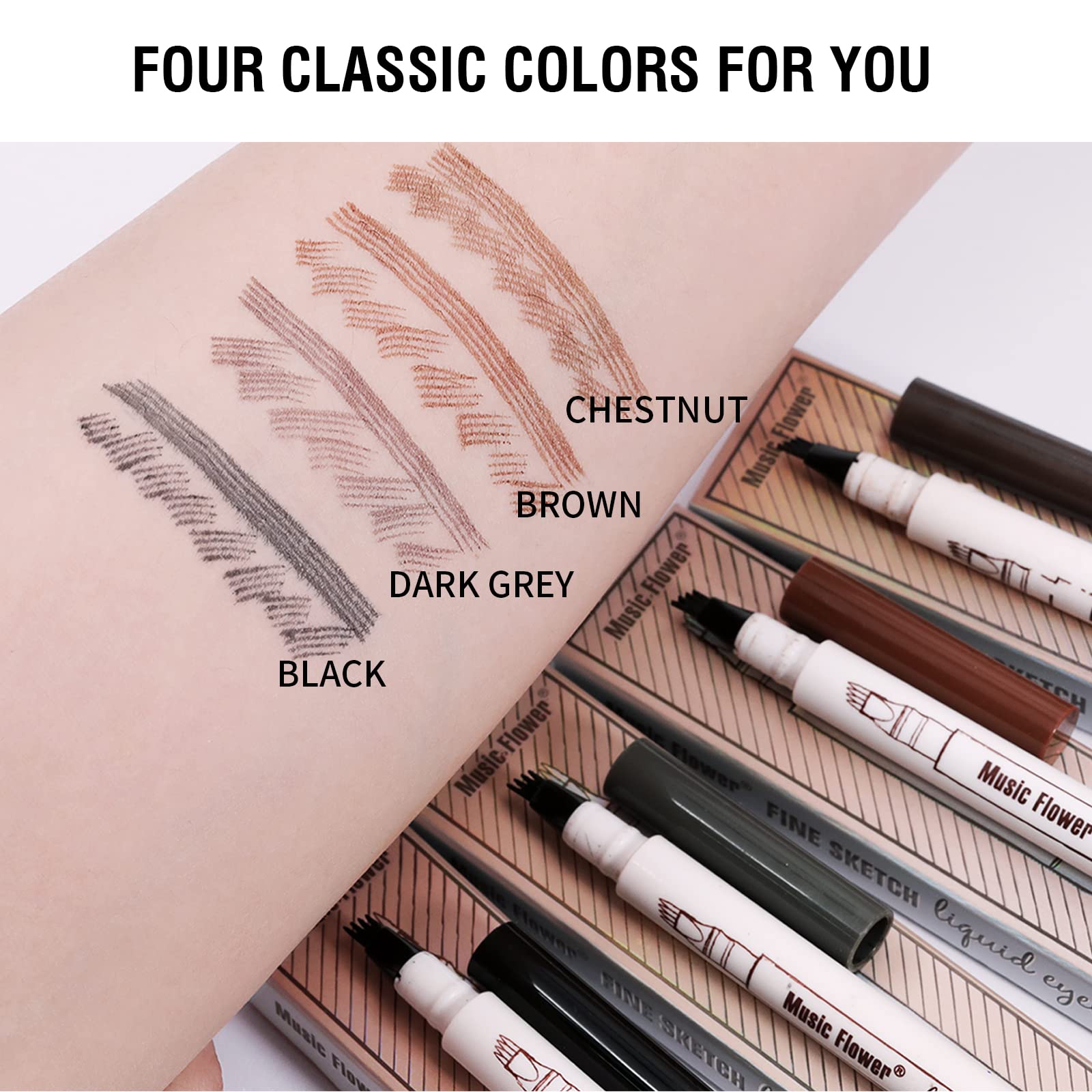 Music Flower Eyebrow Pen, Liquid Eyebrow Pen, Waterproof Brow Pencil with Micro-Fork Tip, Smudgeproof Long Lasting Fine Sketch Microblading Pen, Reddish Brown