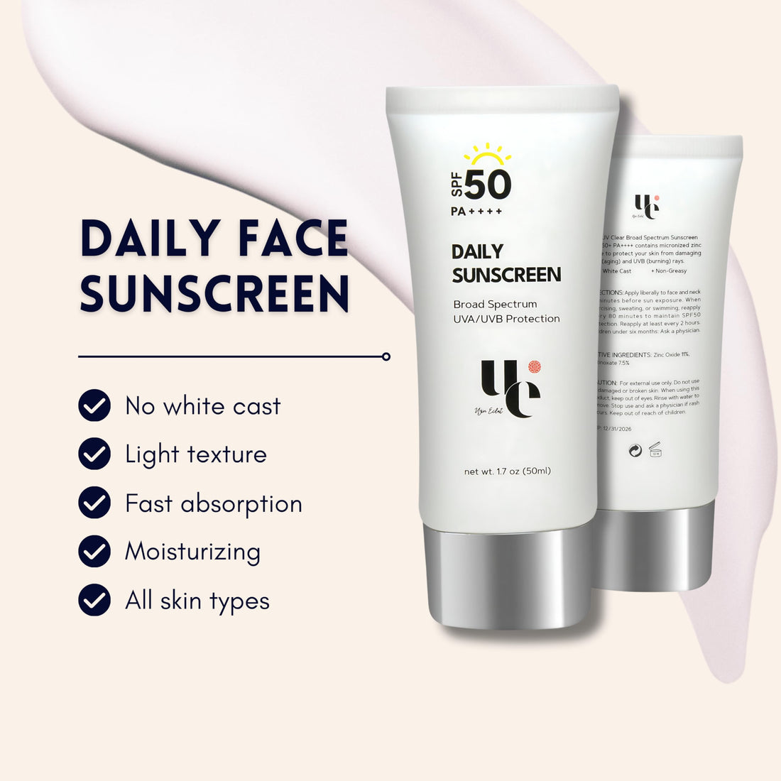 Ujin Eclat Cosmetics UV Clear SPF 50 Sunscreen with Zinc Oxide, UVA and UVB Protection, Broad Spectrum, Non-Greasy, No White- Cast, Soothing, Water Resistant, TSA Friendly, 1.7 oz