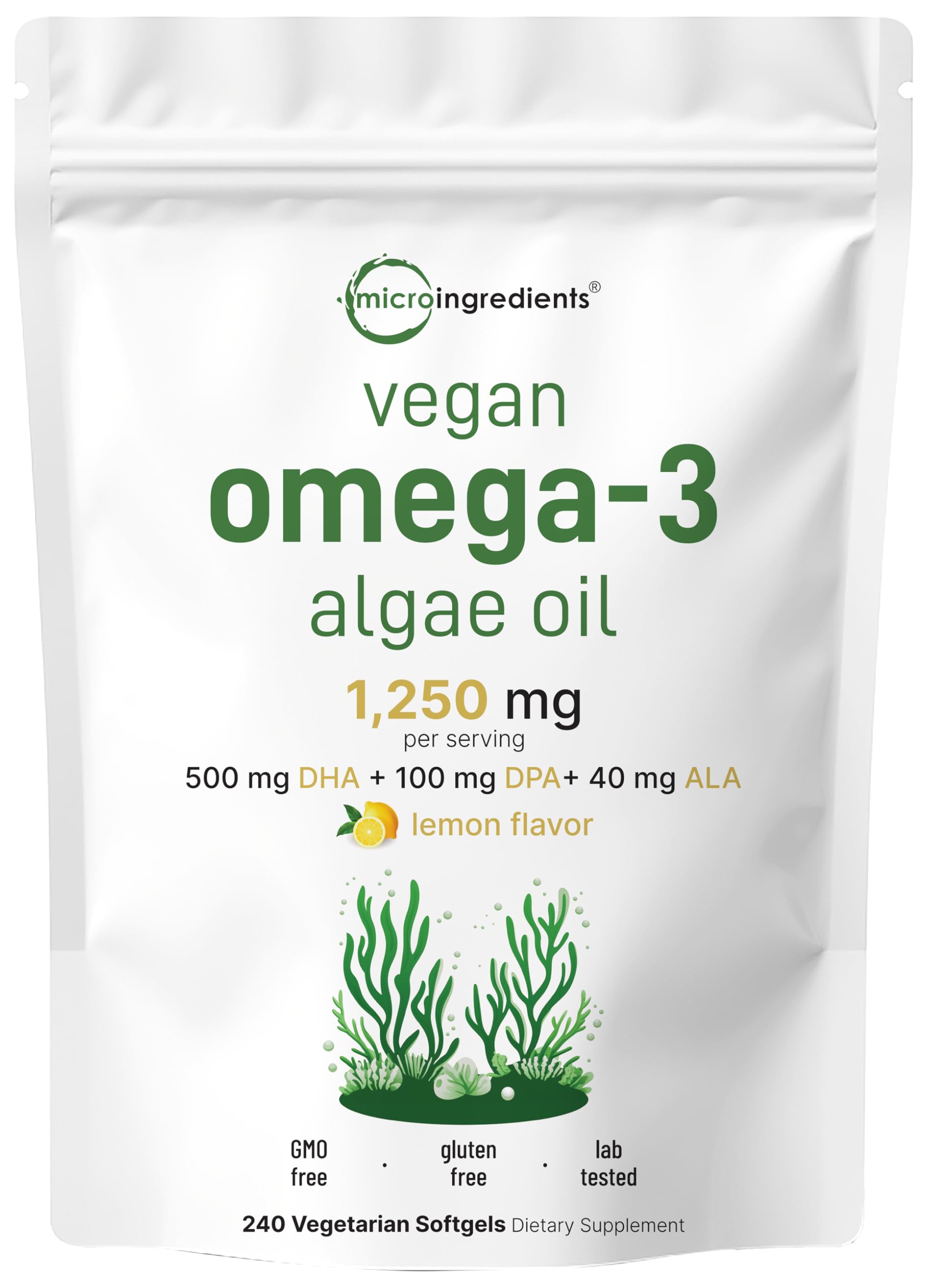 Vegan Omega 3 Algae Oil, 240 Veggie Softgels | Fish Oil Alternative | DHA 500mg & DPA 100mg | Carrageenan Free | Plant-Based Omega 3 with Flaxseed & ALA | Lemon Flavored