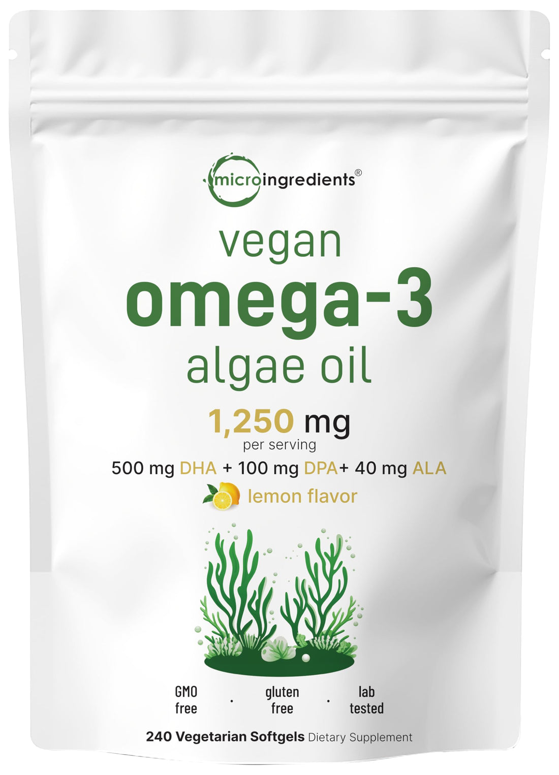 Vegan Omega 3 Algae Oil, 240 Veggie Softgels | Fish Oil Alternative | DHA 500mg & DPA 100mg | Carrageenan Free | Plant-Based Omega 3 with Flaxseed & ALA | Lemon Flavored