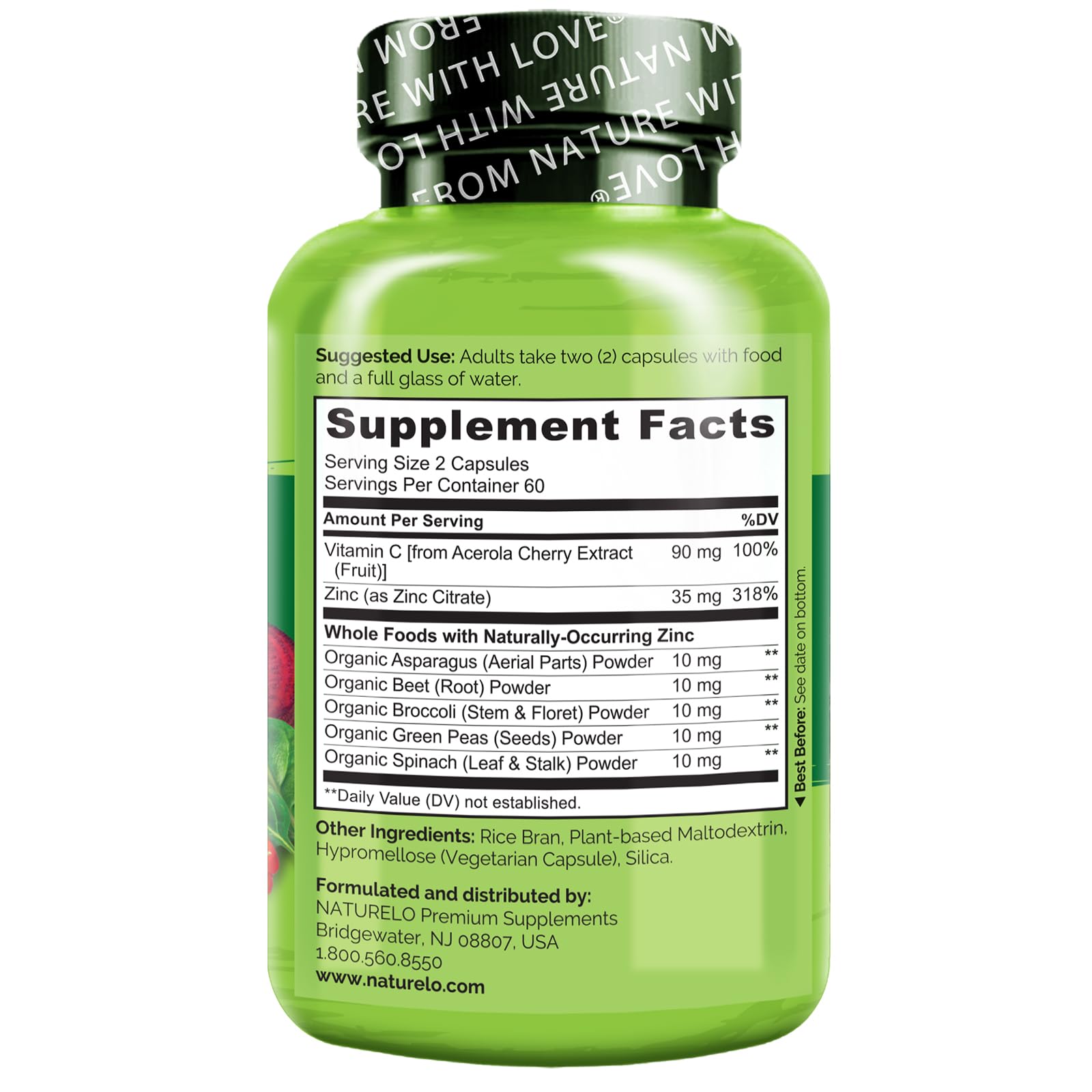 NATURELO Vegan Zinc Whole Food Complex Supplement with Vitamin C for Immune Support and Healthy Skin, Hair, and Nails - 120 Capsules