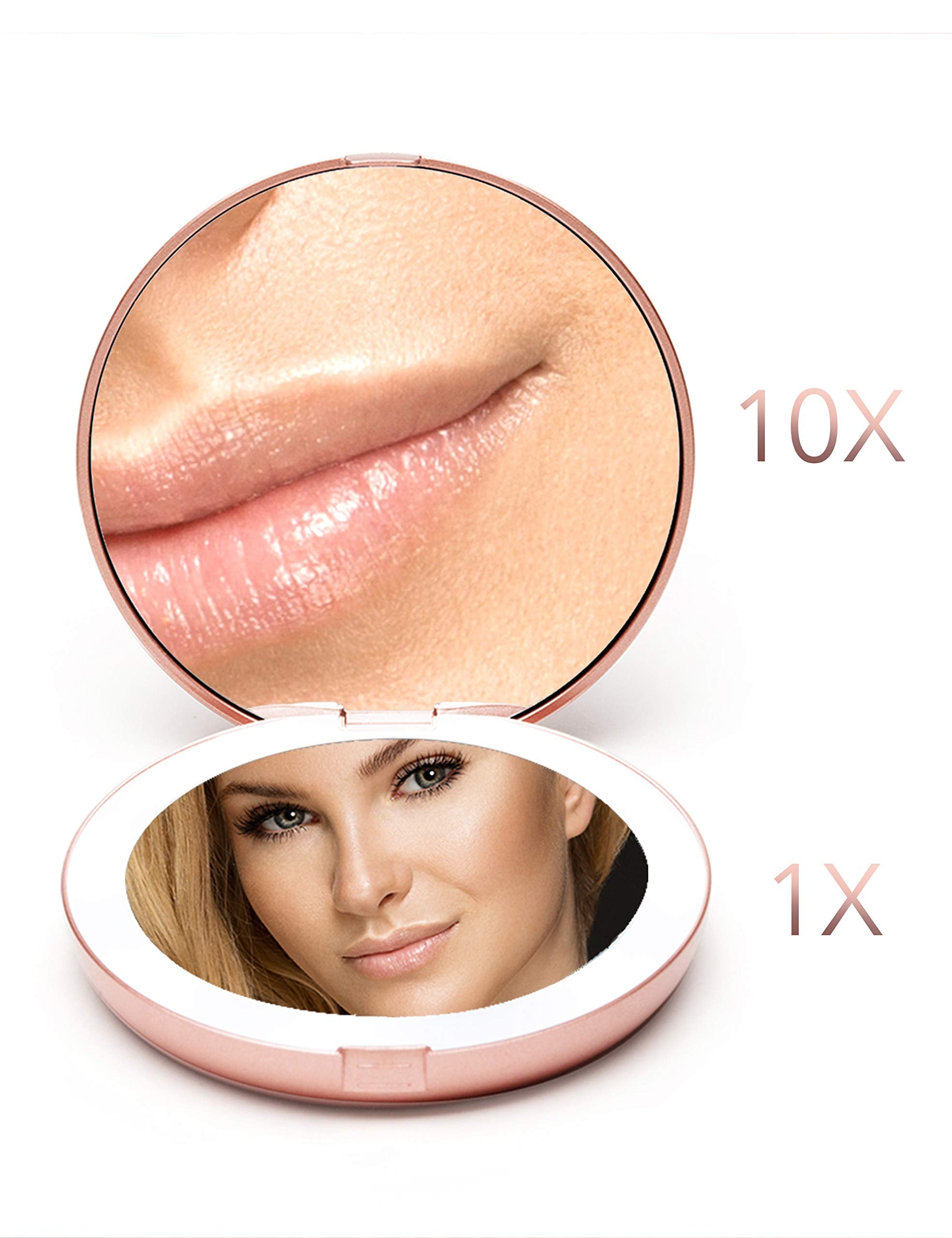 Fancii LED Lighted Travel Makeup Mirror, 1x/10x Magnification - Daylight LED, Compact, Portable, Large 5 Wide Illuminated Folding Mirror (Lumi) Rose Gold