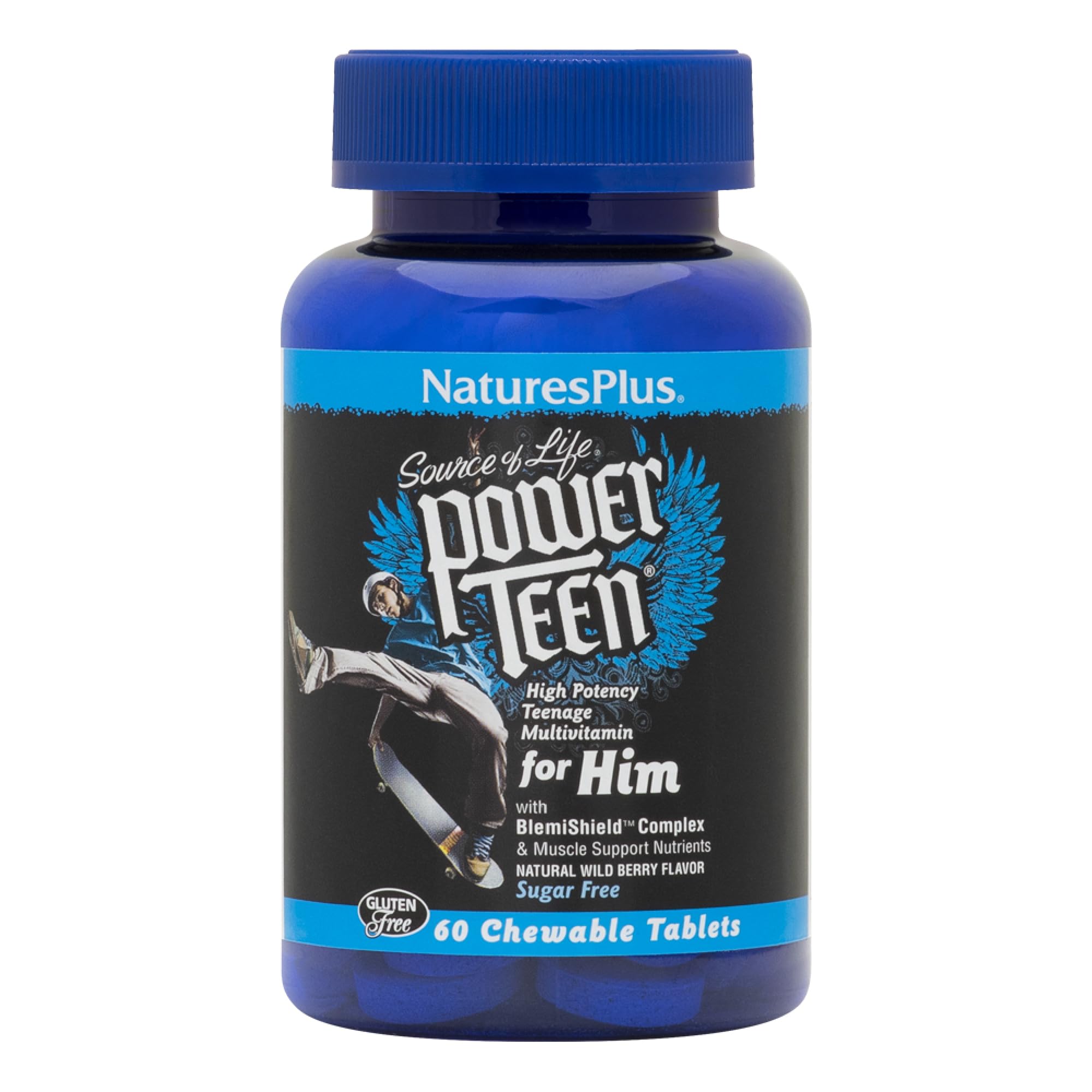 Natures Plus Source of Life Power Teen for Him, Wild Berry - 60 Chewable Tablets, Pack of 2 - High Potency Teenage Multivitamin - Gluten Free, Sugar Free - 60 Total Servings